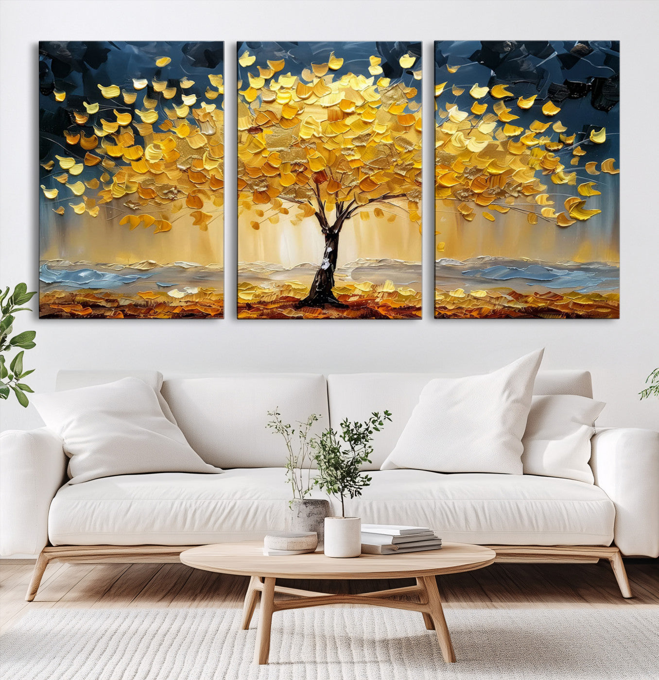 Canvas of a golden autumn tree with textured brushstrokes and moody blue skies, perfect for dramatic and vibrant home decor.