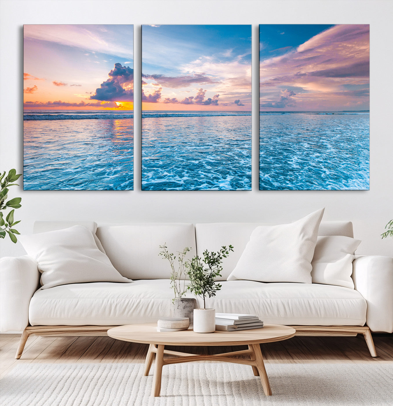 36641-MGV-CV-60X30-3P-Ocean Sunset Canvas Wall Art Print - Tranquil Seascape with Vibrant Sky and Rolling Waves Canvas Print - Coastal Wall Decor for Home or