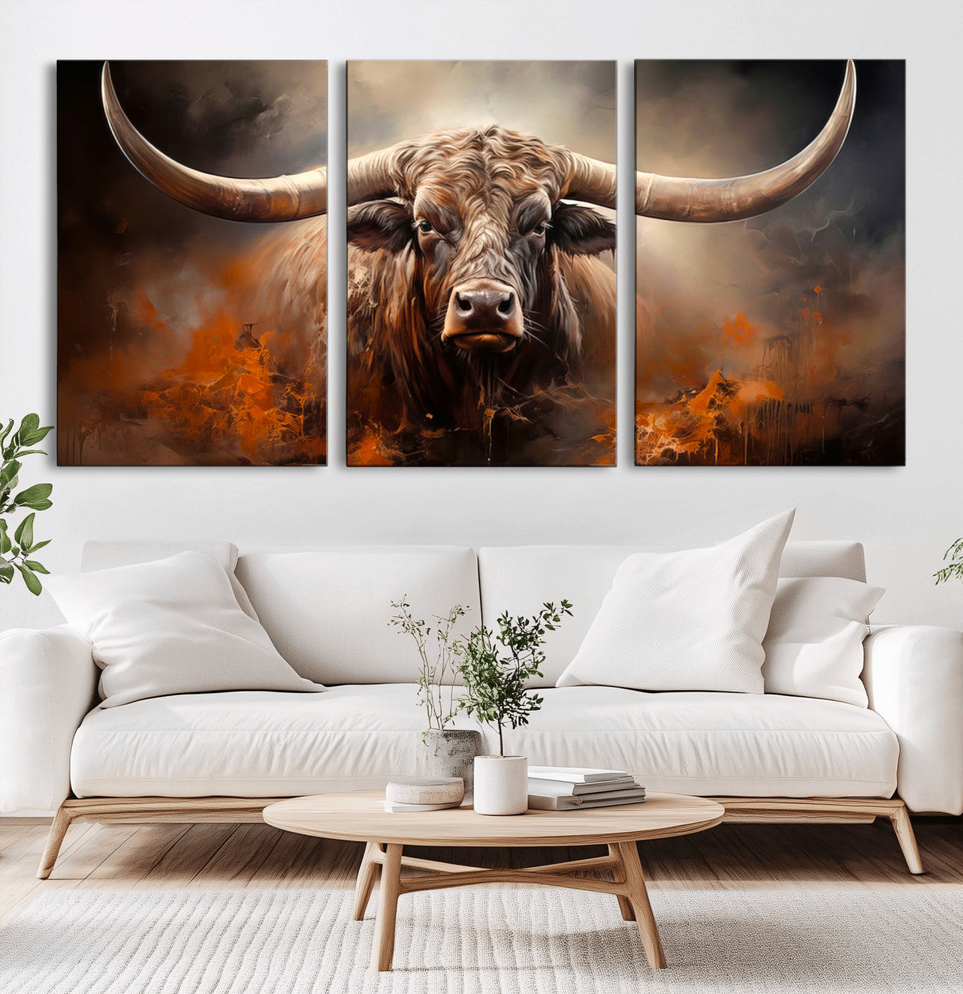 MGV-CV-60X30-3P - Highland Bull Canvas Abstract Canvas Wall Art Print – Powerful Highland Bull with Striking Horns in