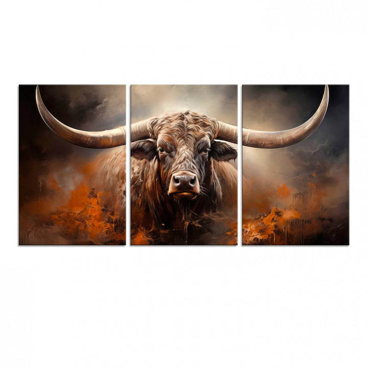 A Highland Bull with striking horns is depicted in a fiery abstract style on a ready-to-hang wall art canvas, evoking strength.