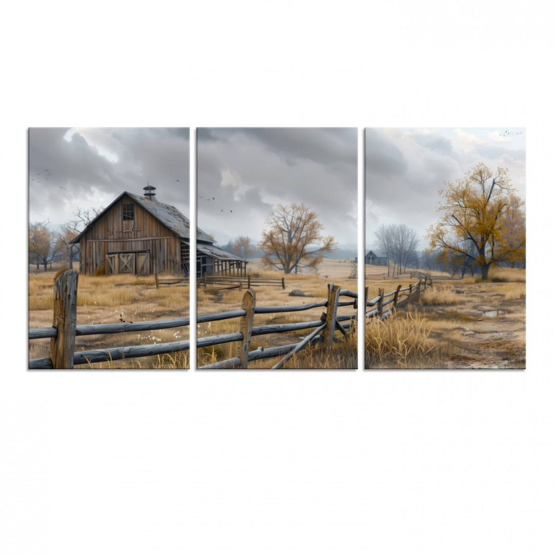 Rustic Autumn Farmhouse Wall Art – Weathered Barn & Trees Canvas Print, featuring a serene scene with birds in the sky. This piece is ready to hang.