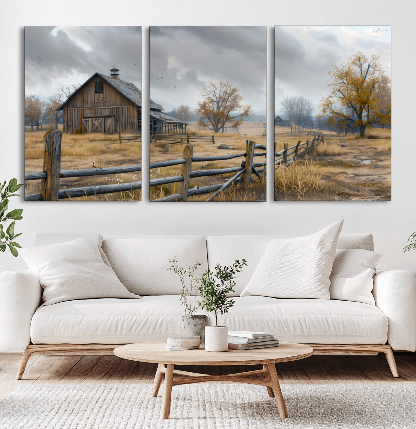 MGV-CV-60X30-3P - Rustic Autumn Farmhouse Wall Art Canvas Print – Serene Countryside Scene with Weathered Barn and