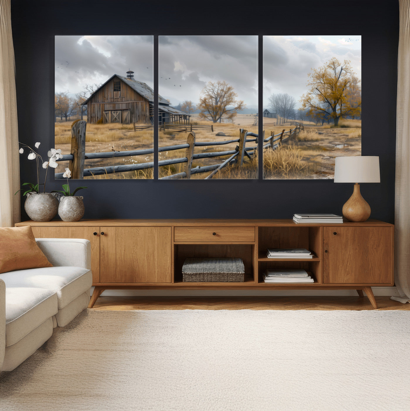 Farm1-MGV-CV-36X24 - Rustic Autumn Farmhouse Wall Art Canvas Print – Serene Countryside Scene with Weathered Barn and