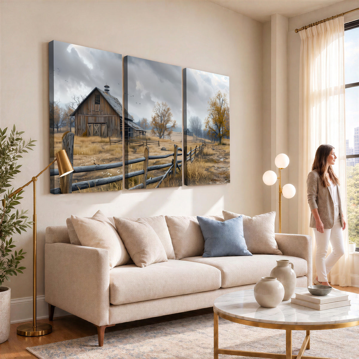 Farm1-MGV-CV-36X24 - Rustic Autumn Farmhouse Wall Art Canvas Print | Serene Countryside with Weathered Barn