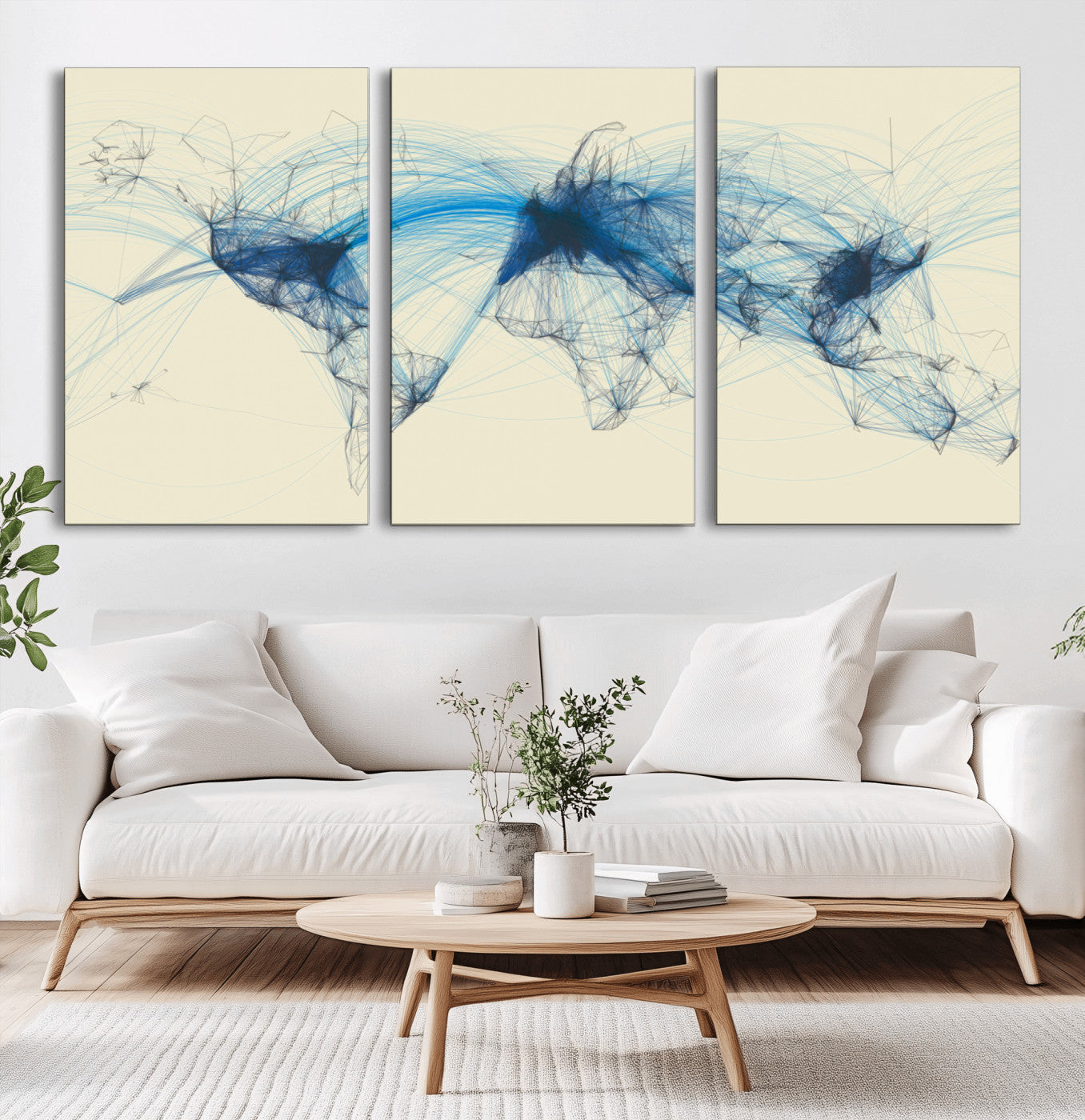 MGV-CV-60X30-3P - Flight Routes Map art Air Traffic Avi World Map with Blue Connections Canvas Wall Art – Modern