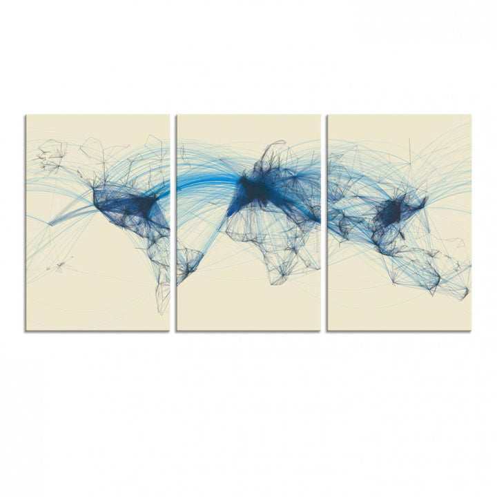 Flight Routes Map: Air Traffic Avi World Map featuring blue lines symbolizing global data. Ideal for home decor and ready to hang.