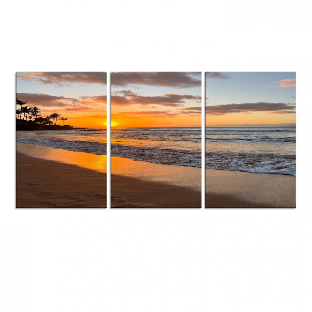 Sunset Wall Art Print featuring a beach sunset with waves and palms, perfect for coastal decor.