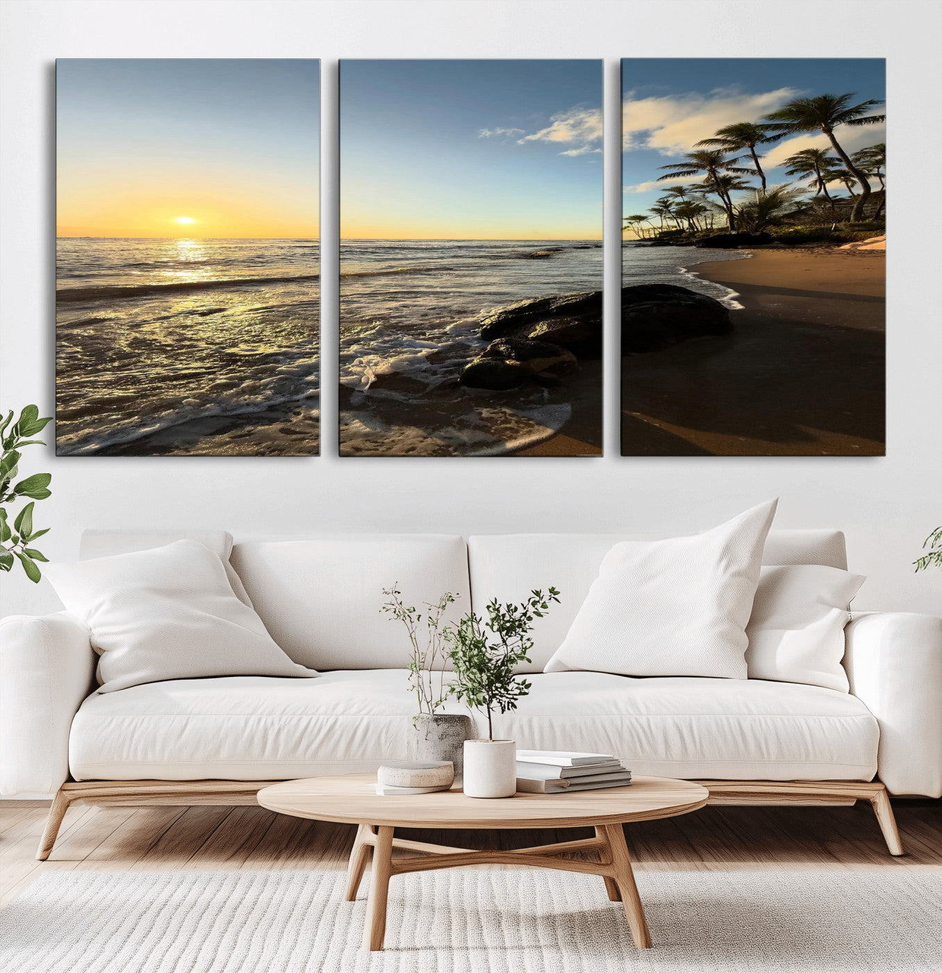 MGV-CV-60X30-3P - Tropical Beach Wall Art - Stunning Ocean Sunset Canvas Print with Palm Tree Design for Relaxing and
