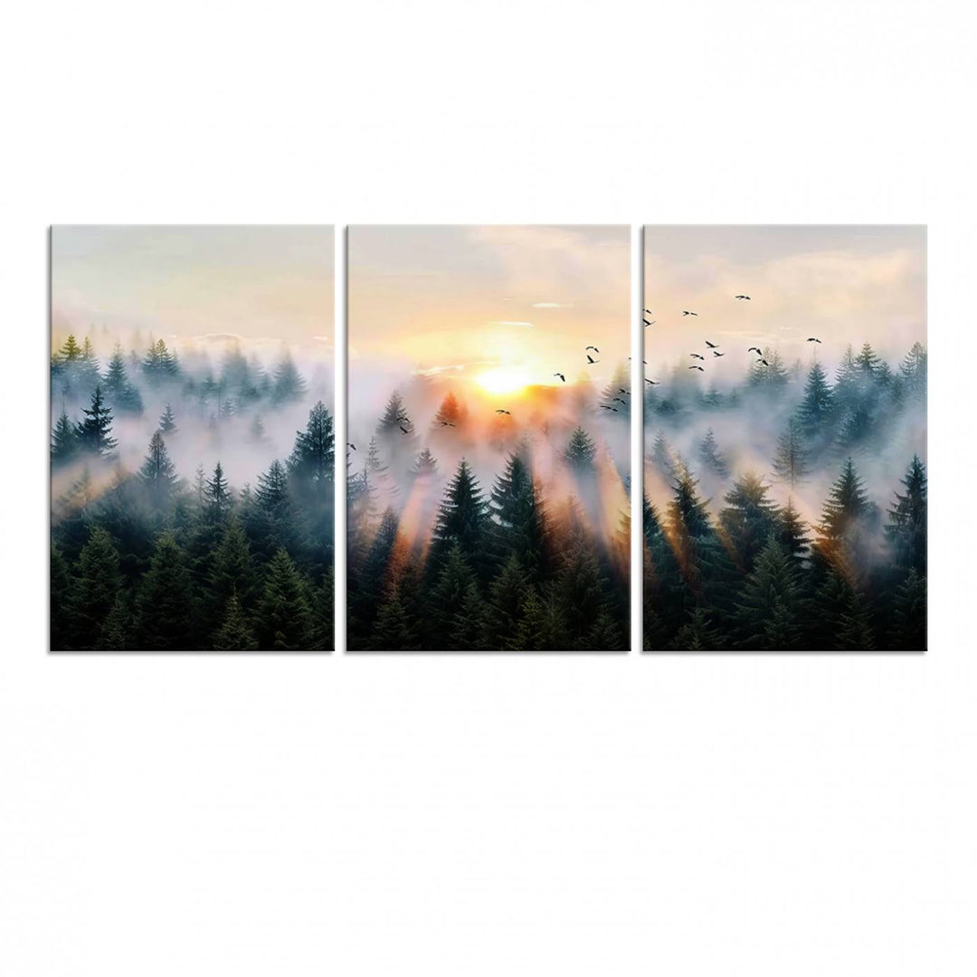 Sunrise over a misty forest with rays filtering through trees in the Abstract Forest Wall Art featuring soaring birds.