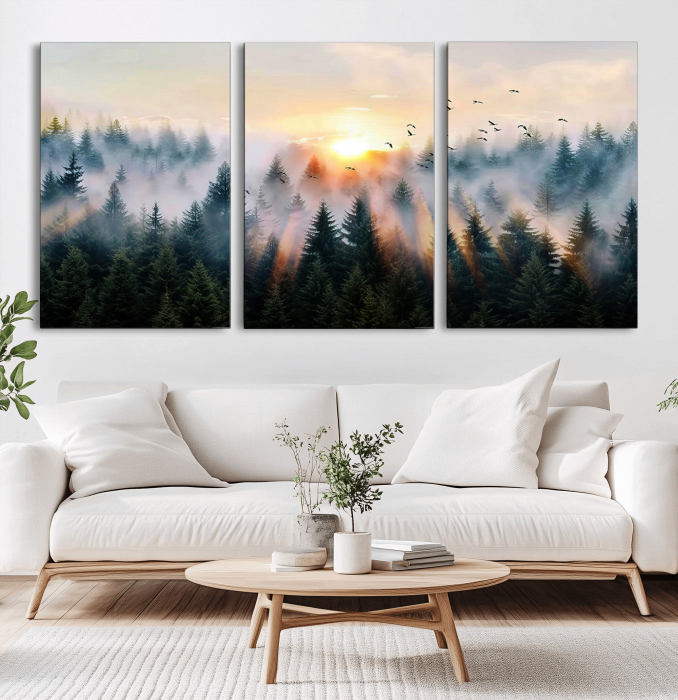 MGV-CV-60X30-3P - Abstract Forest Wall Art - Serene Nature Canvas Print with Misty Forest Design for Modern Home or