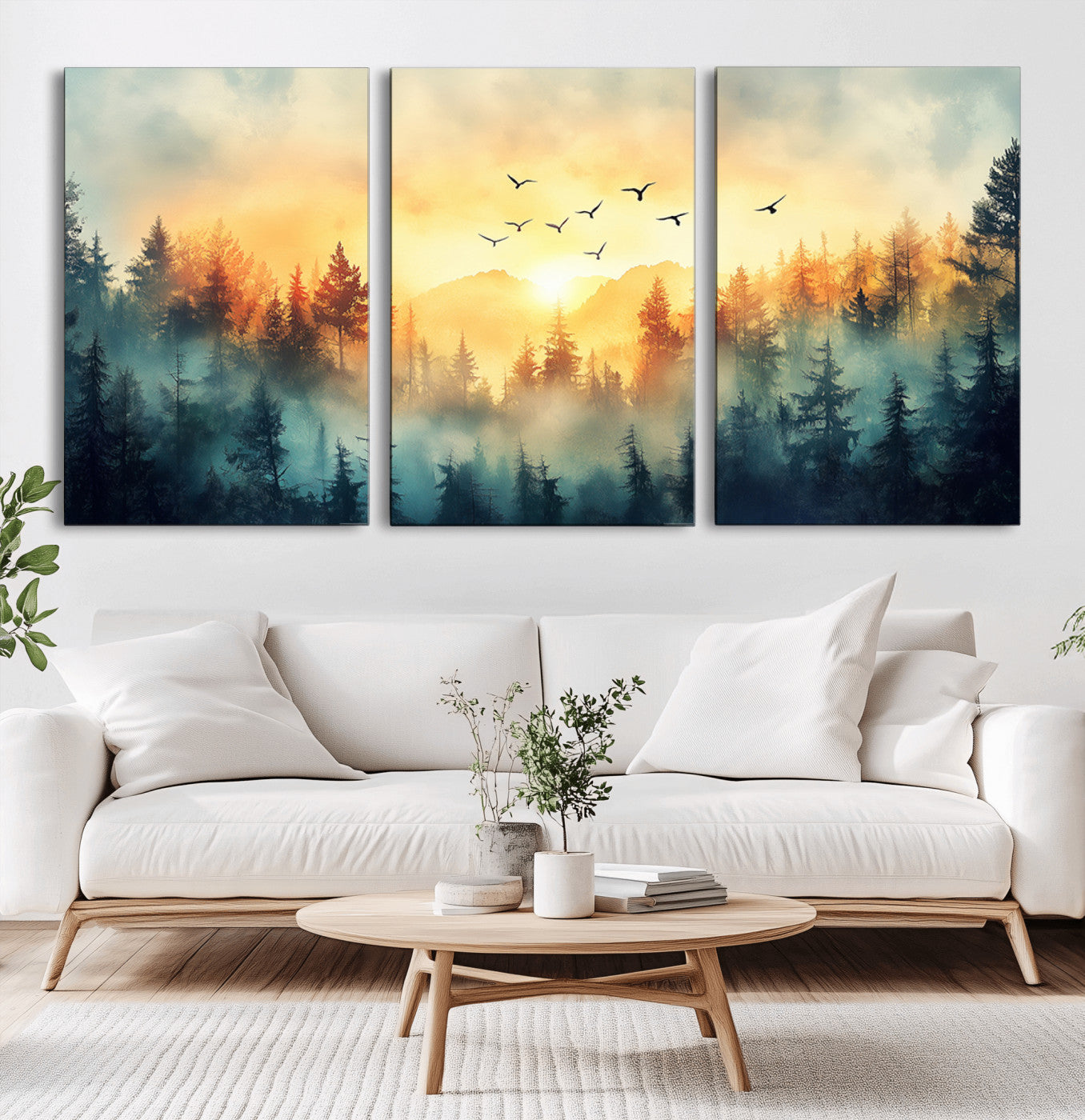 MGV-CV-60X30-3P - Abstract Forest Wall Art Print- Serene Nature Canvas Print with Misty Forest Design for Modern Home