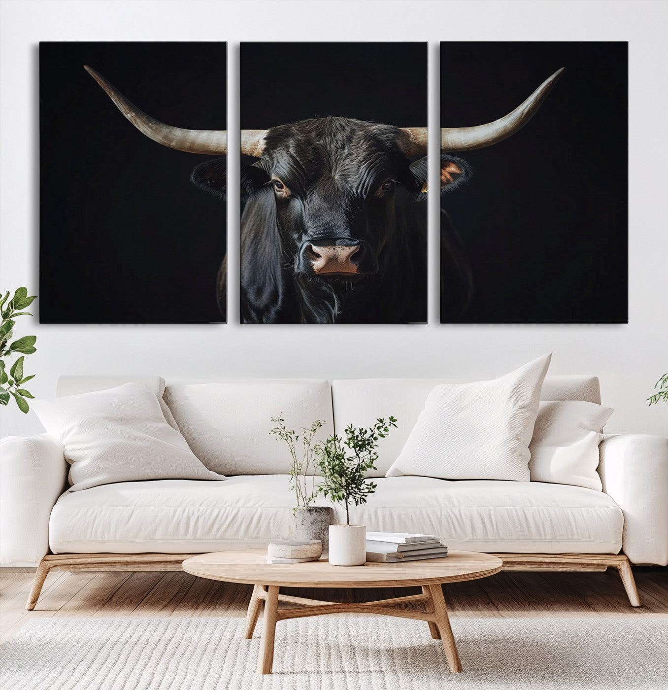 Canvas of a black longhorn bull against a dark background, featuring moody tones and western character for rustic or cowboy-inspired spaces.