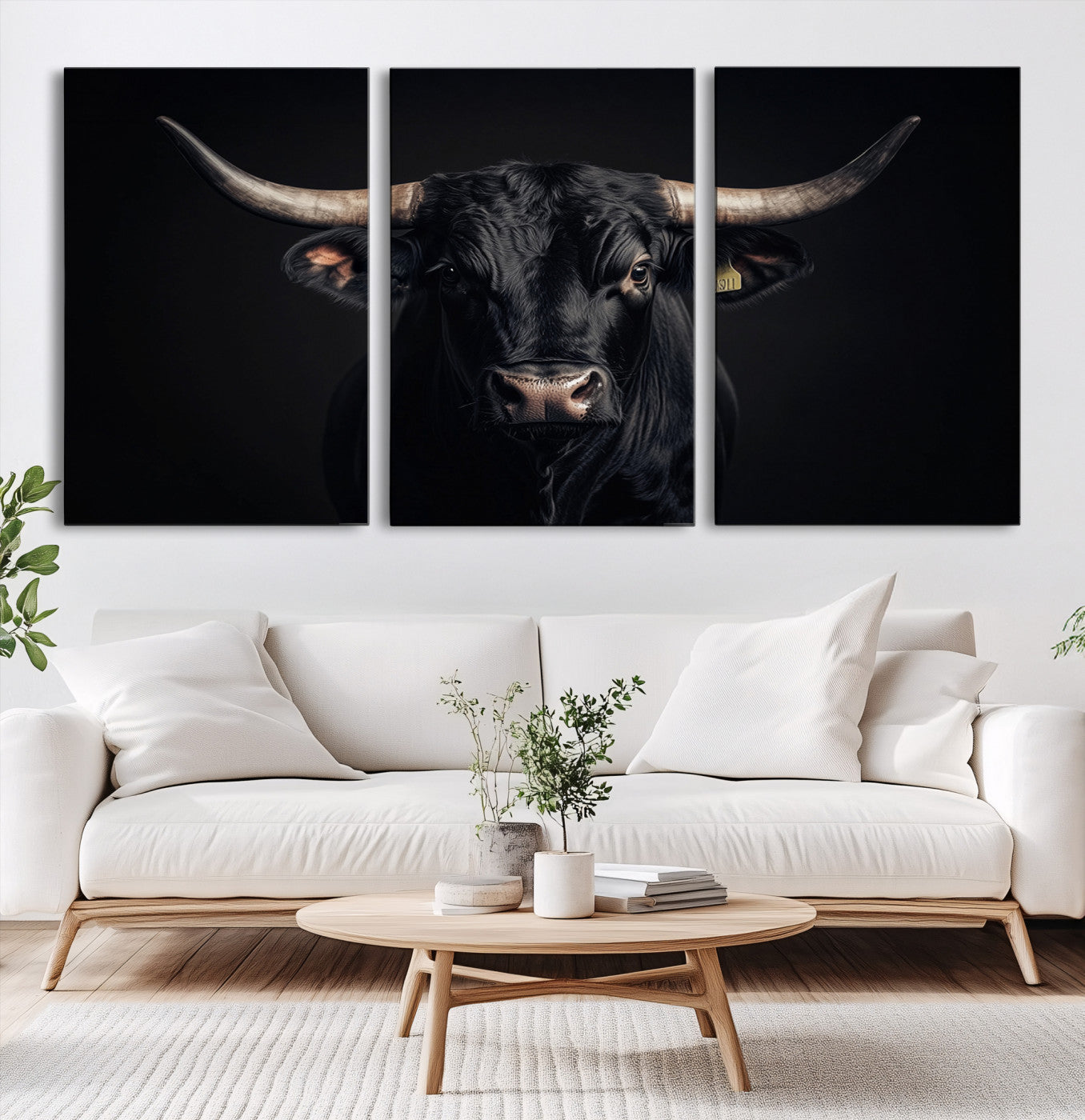 Canvas featuring a black horned bull in moody lighting on a dark background, perfect for western or rustic farmhouse-style home decor.