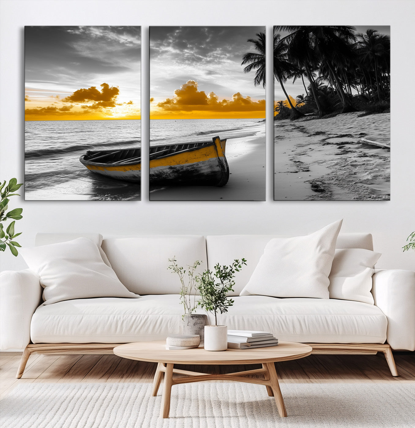 Canvas of a yellow rowboat on a black and white tropical beach with golden sunset sky, ideal for coastal or tropical-themed home decor.