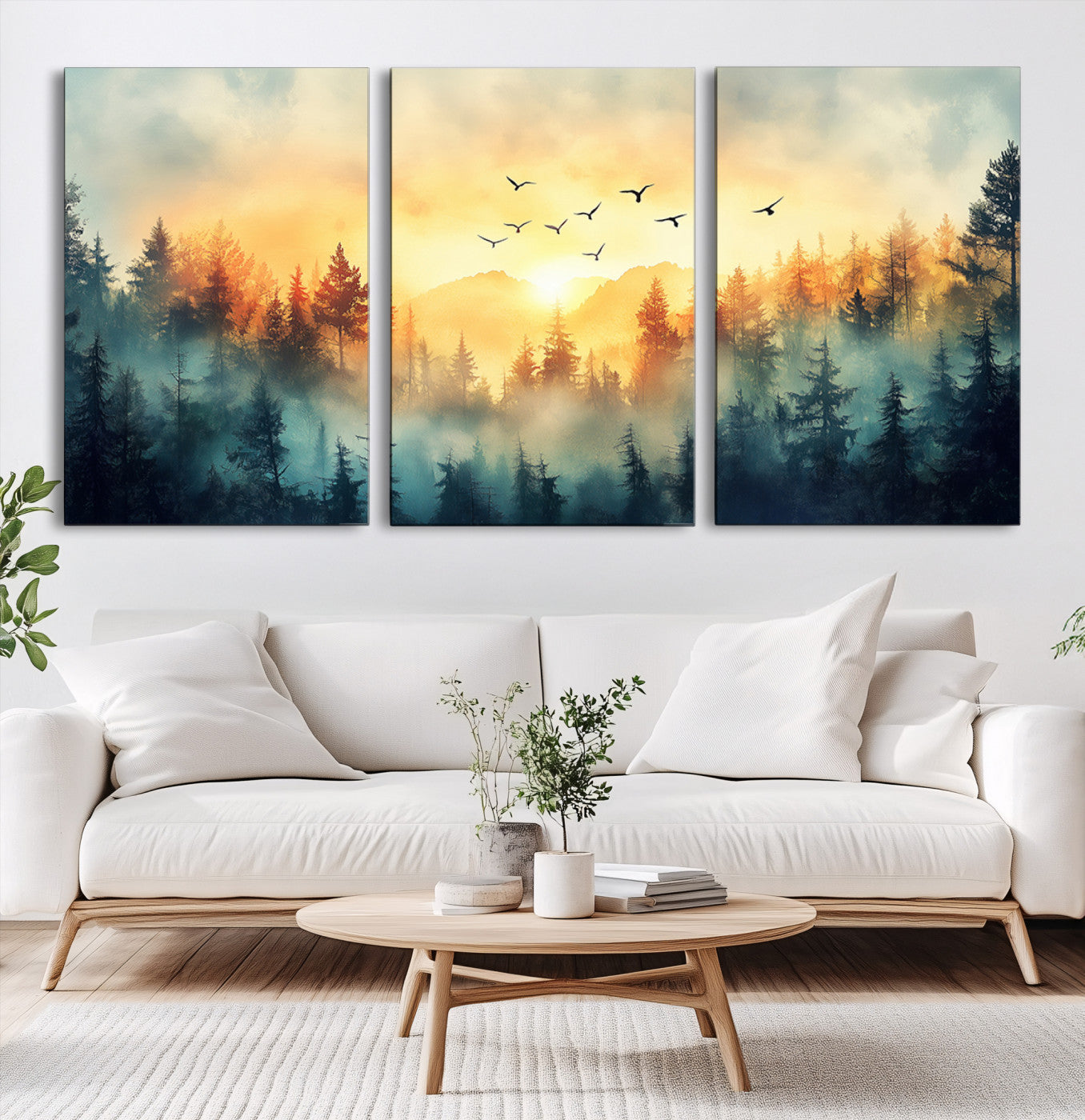 Canvas of a misty pine forest at sunrise with golden light and birds flying across the sky, perfect for tranquil nature-themed wall decor.