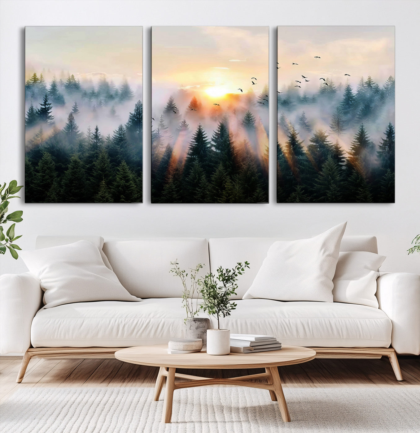 Canvas of a misty pine forest at sunrise with birds flying through golden morning rays, perfect for serene and moody woodland-style home decor.