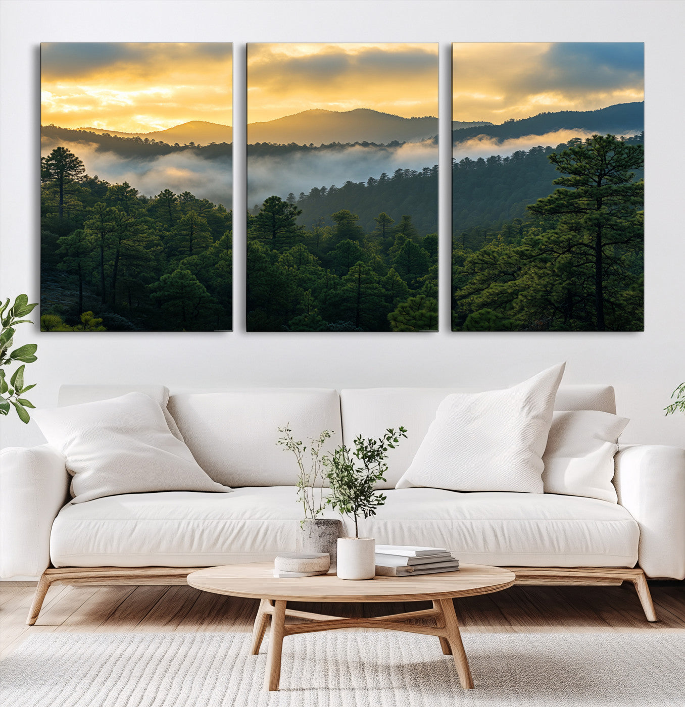 Canvas of misty pine-covered mountains at sunrise, featuring golden light and fog layers, ideal for tranquil earthy home decor.