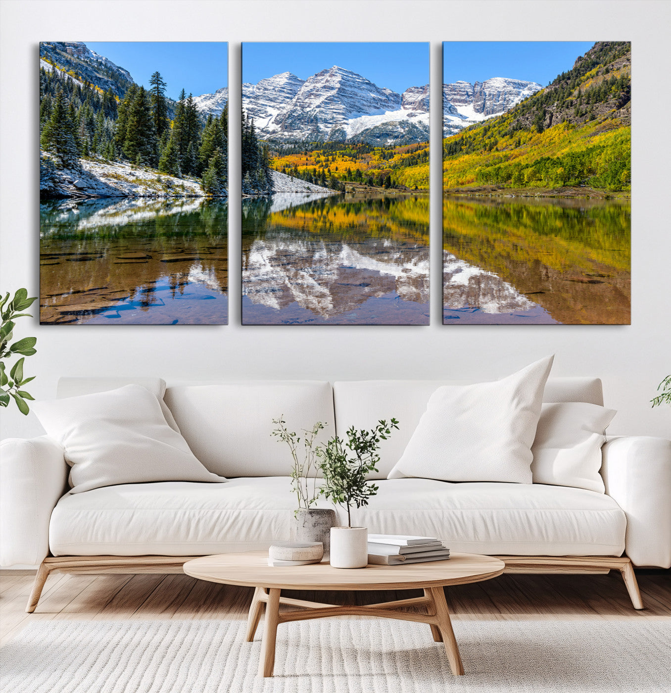 Canvas of Maroon Bells reflected in a clear alpine lake, with golden aspens and snowy peaks, ideal for crisp autumn or mountain-themed decor.