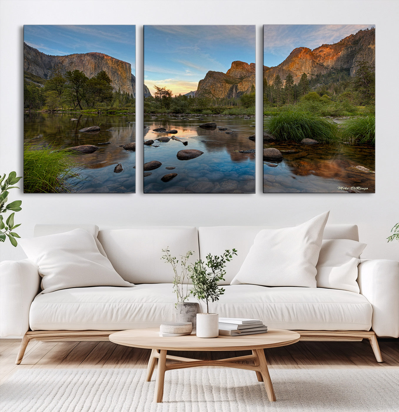 Canvas of Yosemite Valley with El Capitan and sunset reflections in a calm river, perfect for rustic or nature-themed décor.