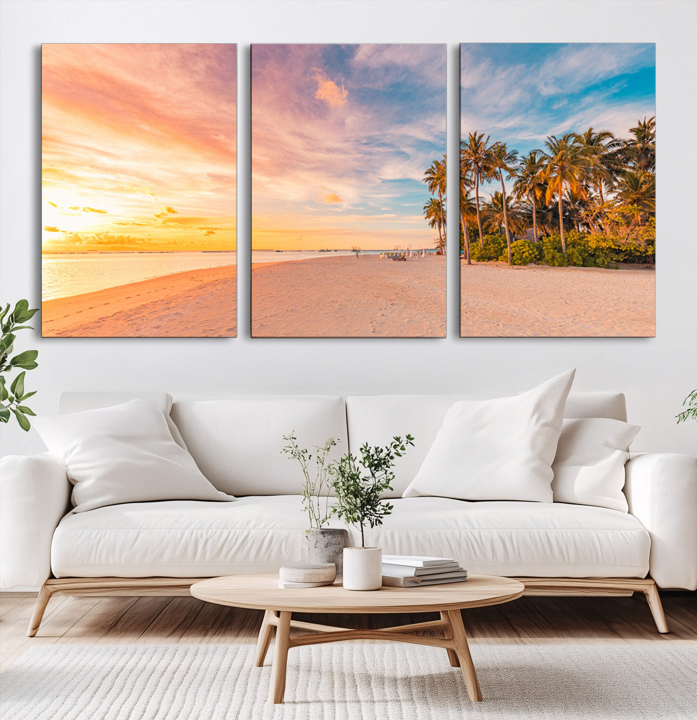 Tropical beach canvas with palm trees and soft sunset tones, ideal for coastal or beach-style home décor in warm pastel hues.