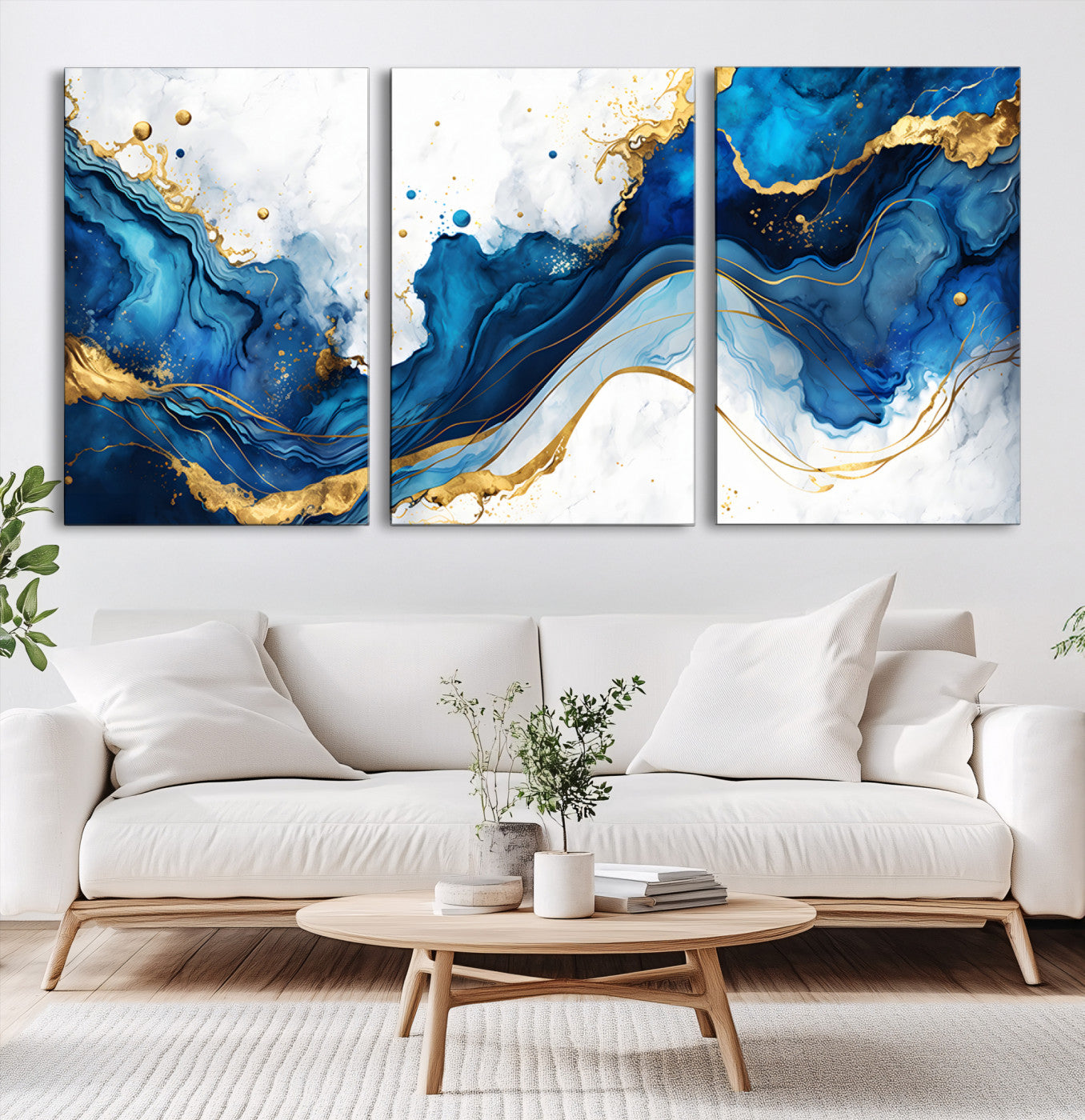 Elegant abstract canvas in cobalt blue and gold tones, featuring marble waves and fluid motion, ideal for luxe interior styling.