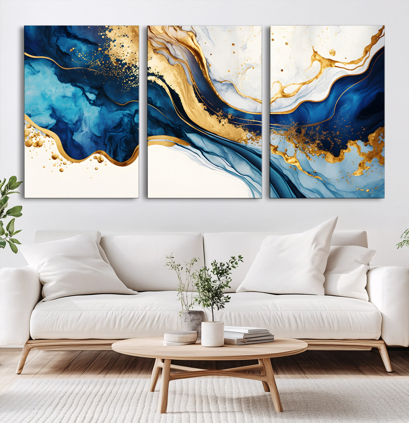 Canvas artwork with fluid blue and gold marbling, perfect for modern luxe or elegant abstract home decor styles.