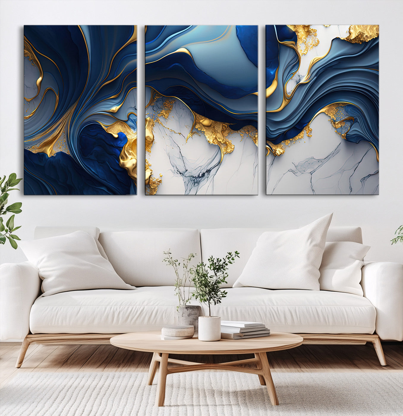 Canvas art with swirling blue marble and gold textures, ideal for elegant glam or modern luxury interior design settings.