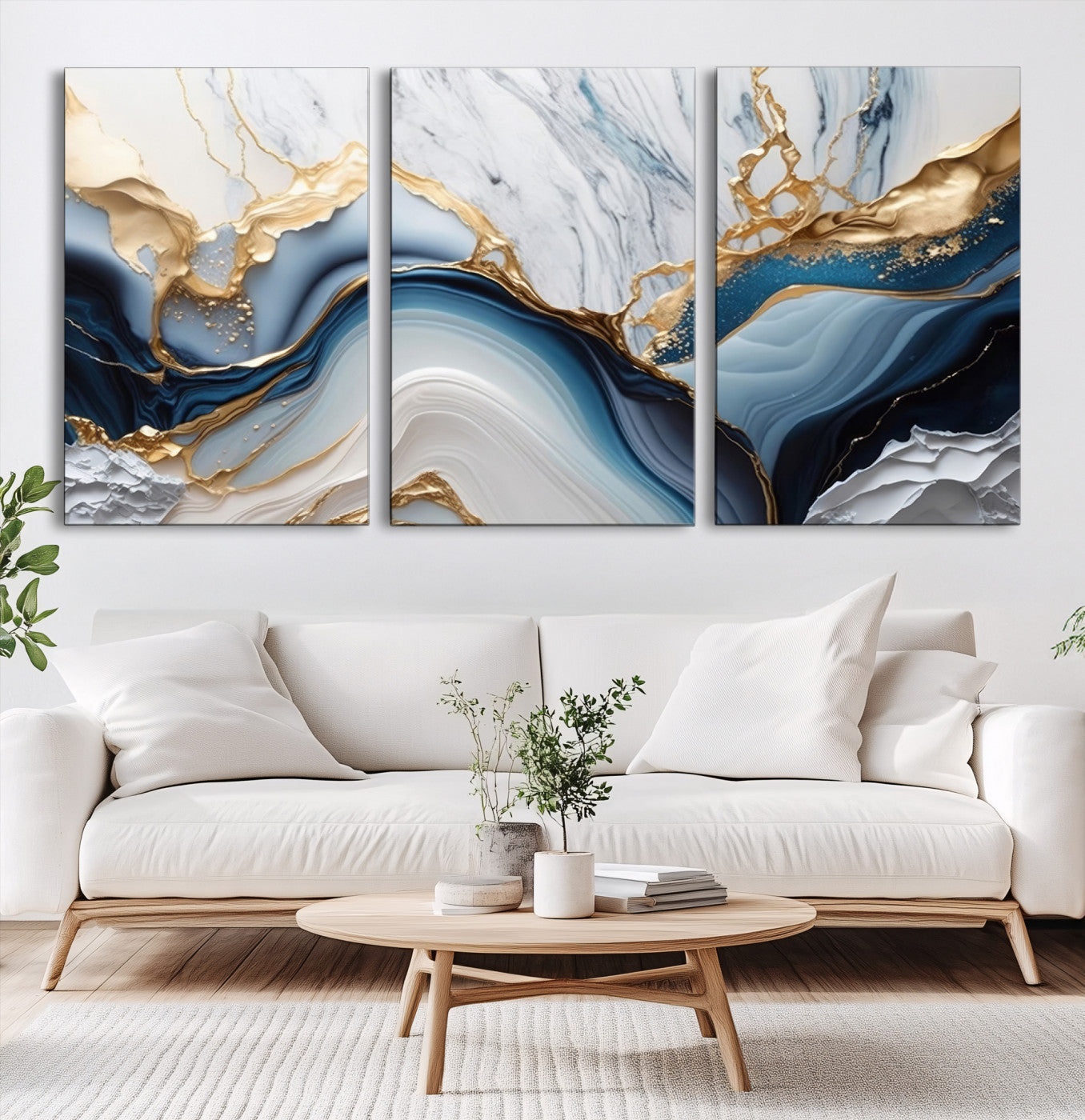 Abstract canvas with blue marble textures and flowing gold veins, ideal for modern luxury or coastal-inspired interior decor.