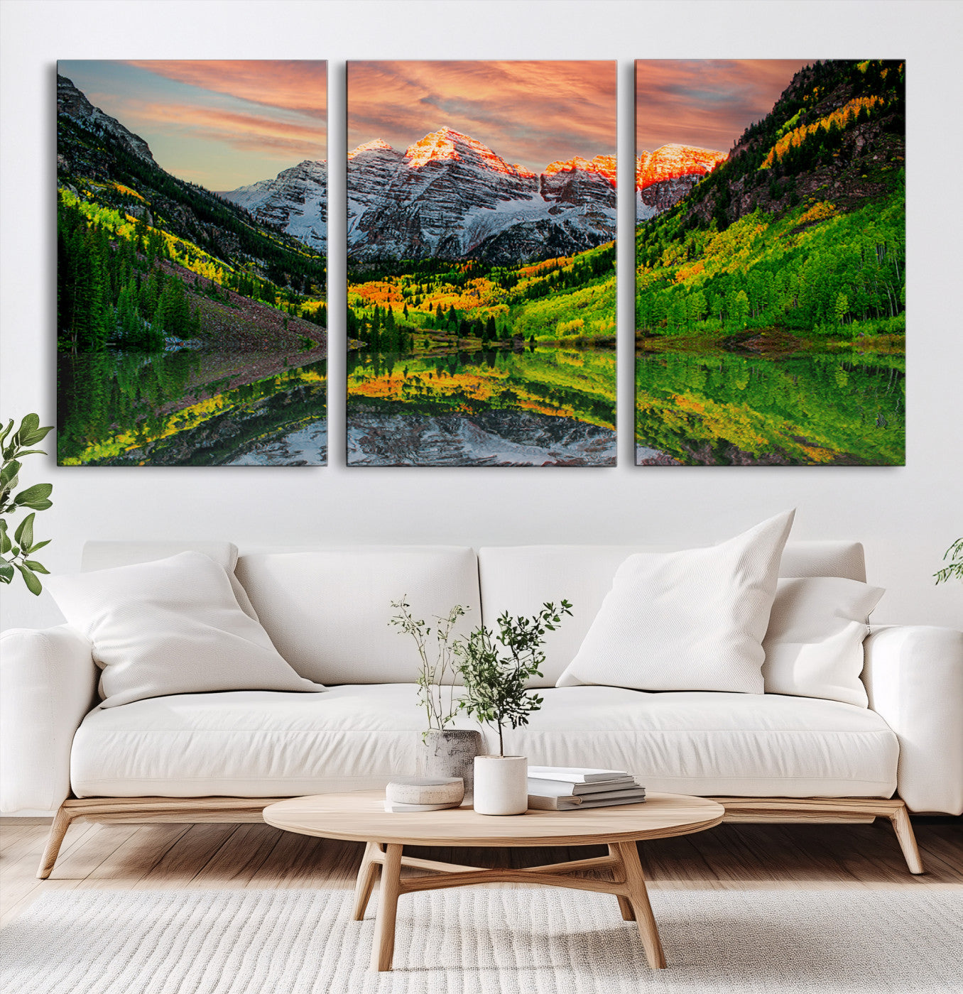 59533484-MGV-CV-60X30-3P-Wall Art Canvas Print – Sunset Glow Mountain Peaks Vibrant Green Forest Reflective Lake Calm Waters for Home, Office
