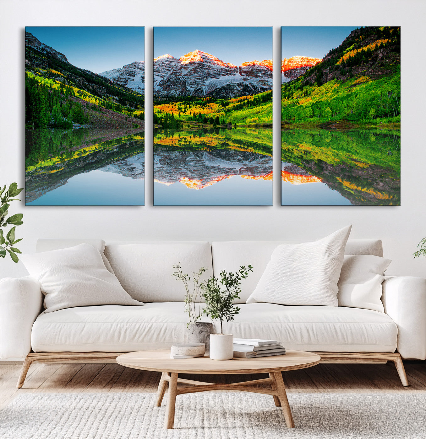 17996974-MGV-CV-60X30-3P-Majestic Snow-Capped Peaks Wall Art Canvas Print, Vibrant Autumn Forest and Crystal Lake View for Home, Office