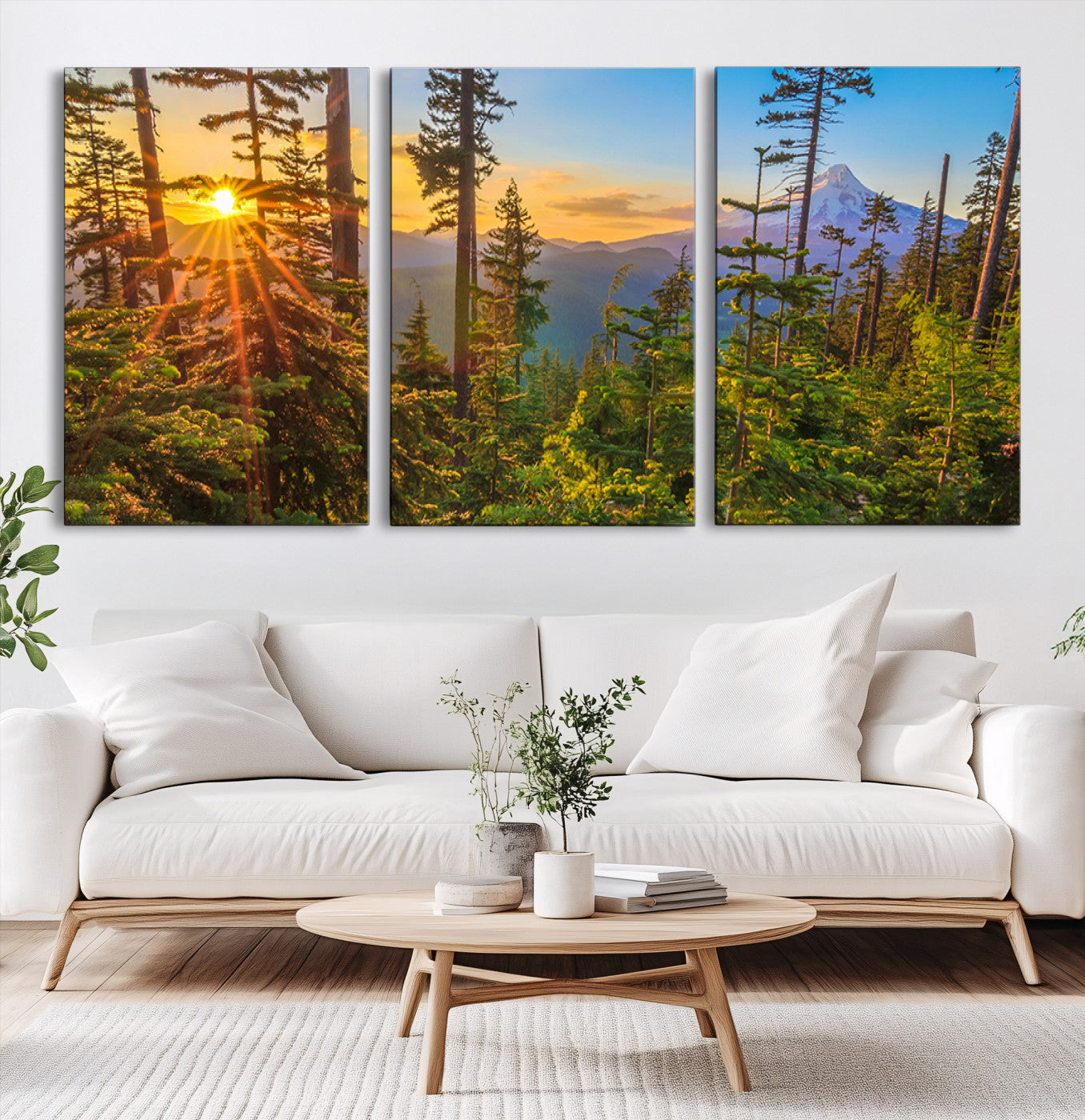 Colorful canvas of Mount Hood and Oregon forest at sunset, featuring sunburst light and lush pine trees for rustic nature decor.