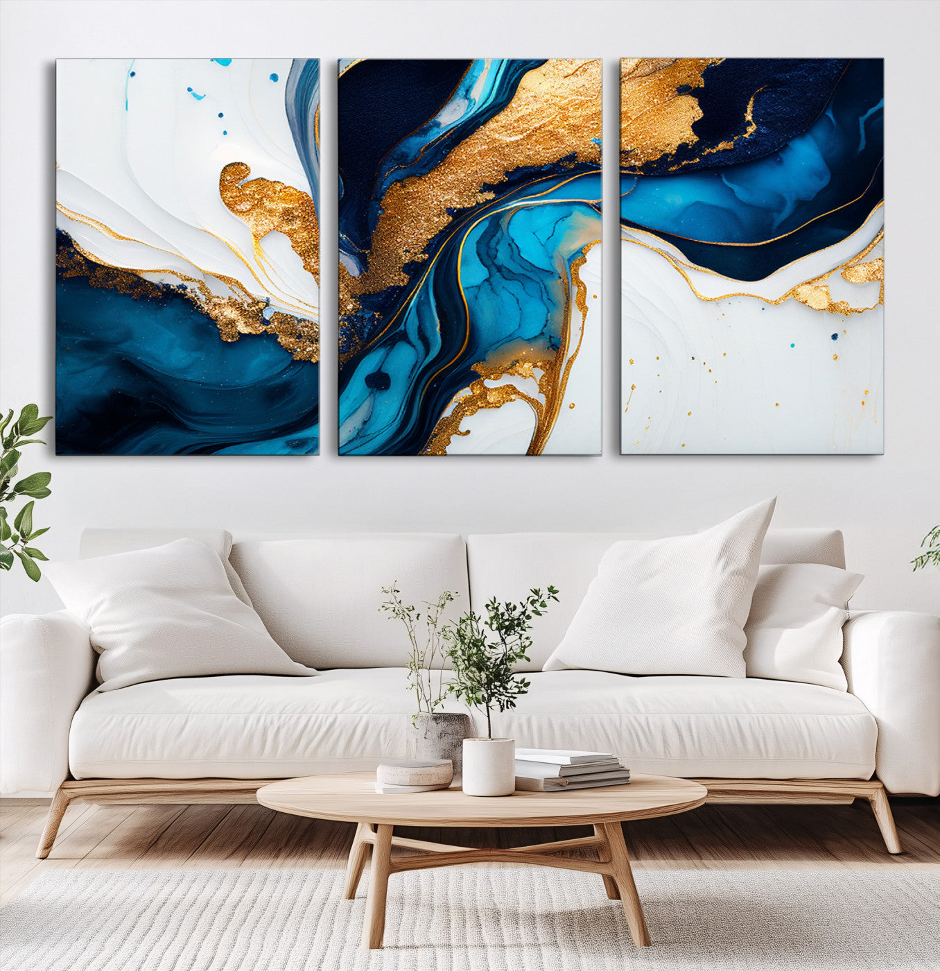 14107569-MGV-CV-60X30-3P-Gold Blue Abstract Wall Art Canvas Print, Elegant Navy and Gold Marble Flow Design Artwork for Home, Office