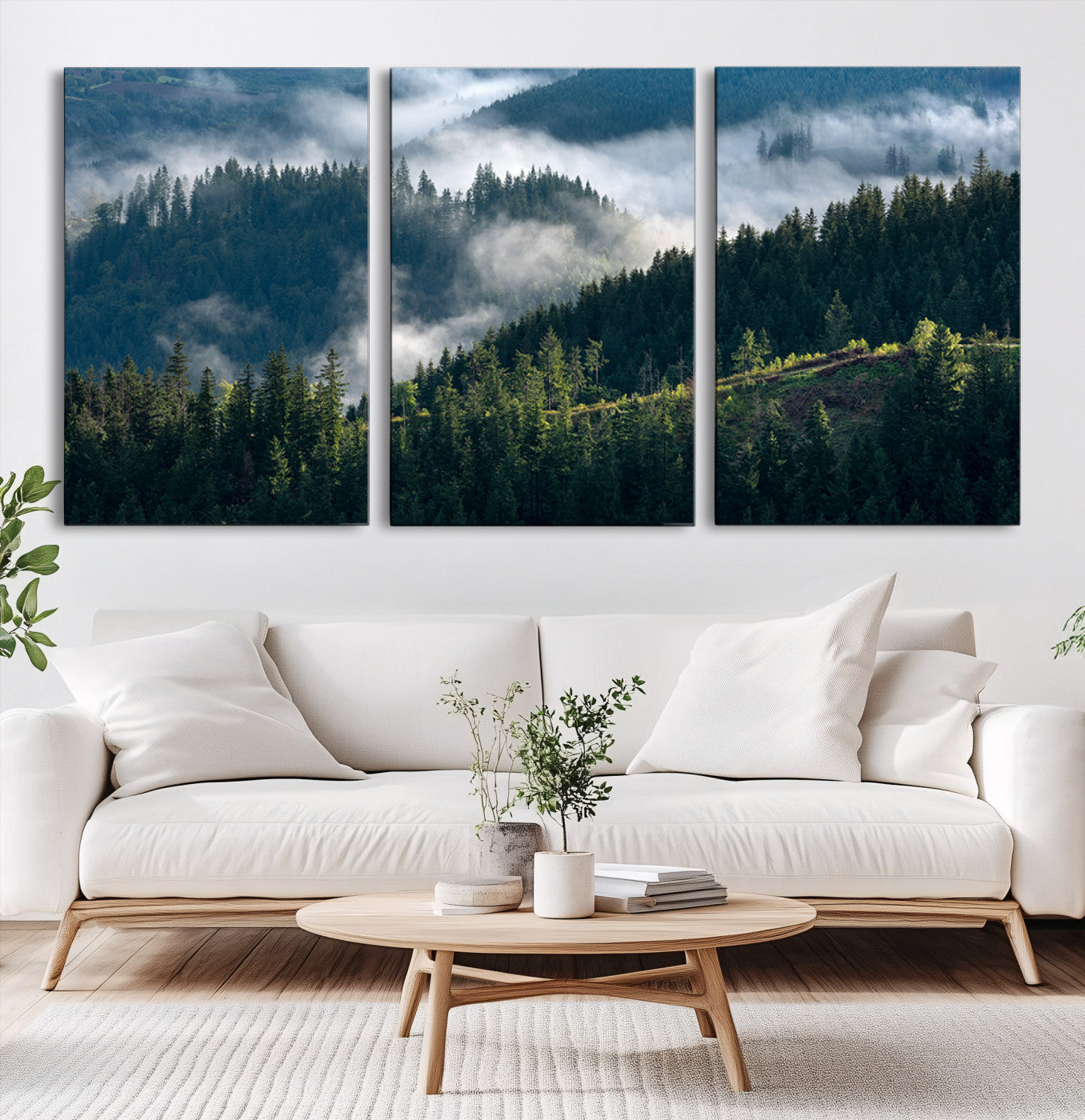 84598503-MGV-CV-60X30-3P-Misty Forest Wall Art Canvas Print, Serene Pine Hills and Moody Woodland Landscape Artwork for Home, Office