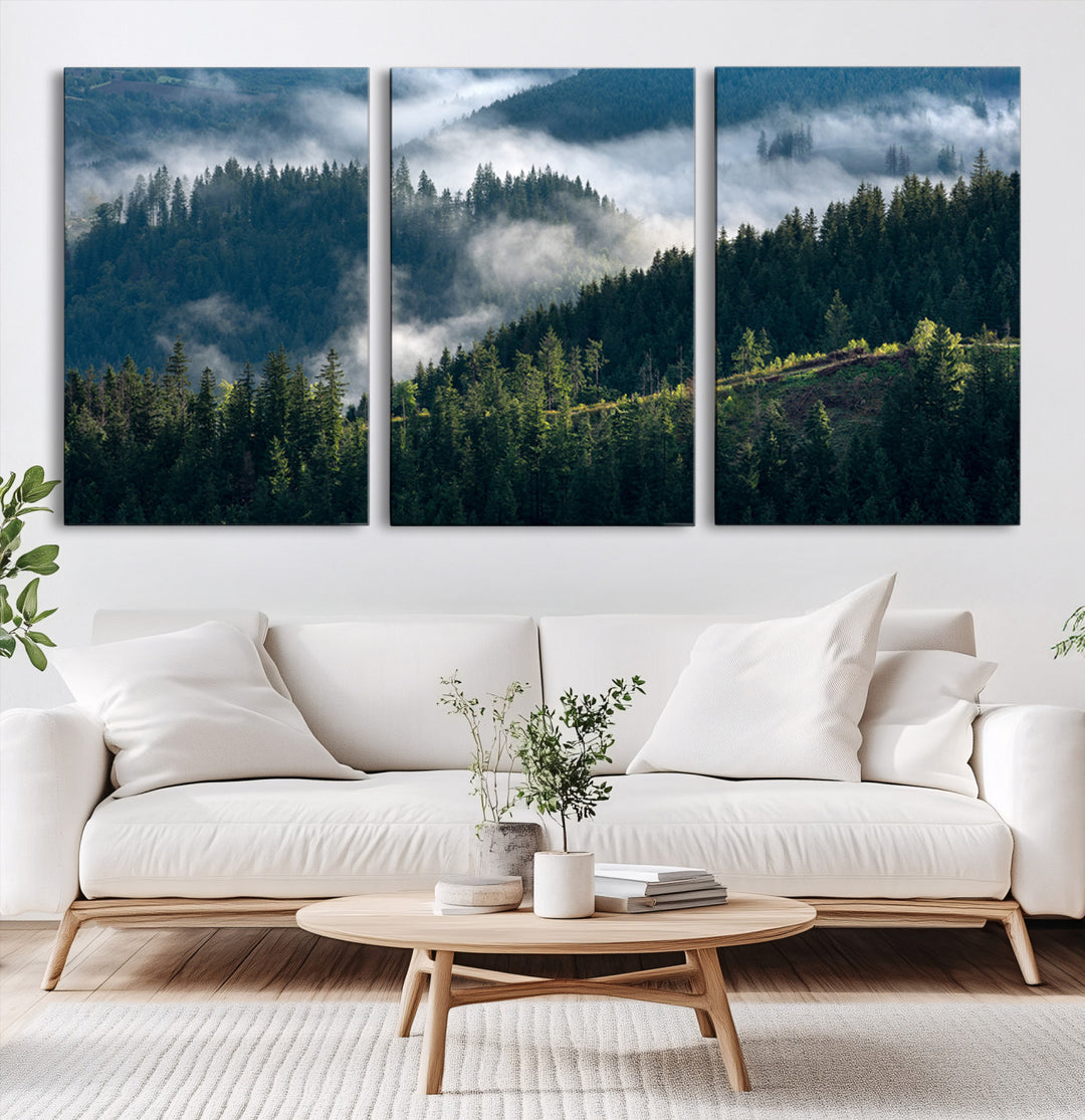 Misty Forest Wall Art Canvas Print, Framed Pine Hills Art Picture Print, Moody Hills Perfect Moody Woodland Decor Artwork