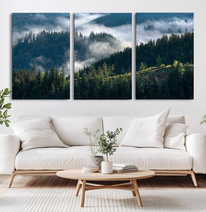 Misty Forest Wall Art Canvas Print, Framed Pine Hills Art Picture Print, Moody Hills Perfect Moody Woodland Decor Artwork
