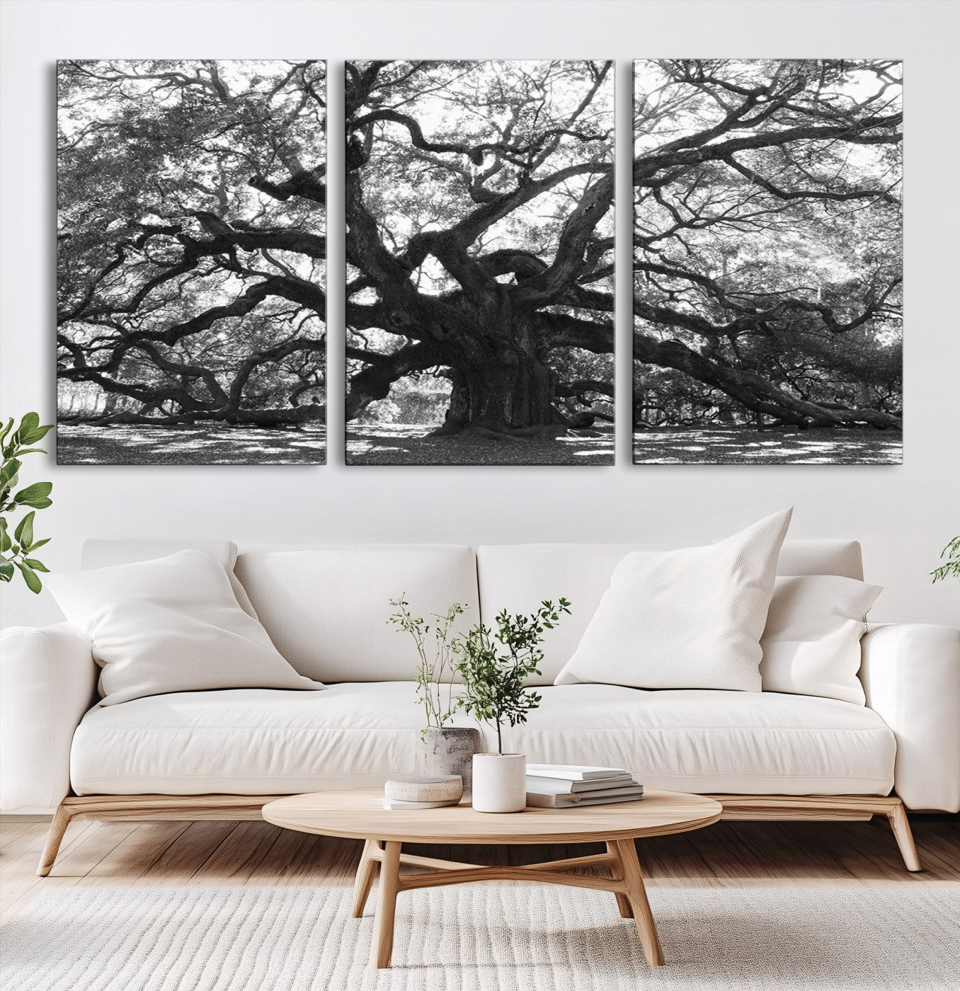 Black and white canvas of an ancient oak tree with sprawling, twisted branches, ideal for moody nature-inspired or rustic decor.