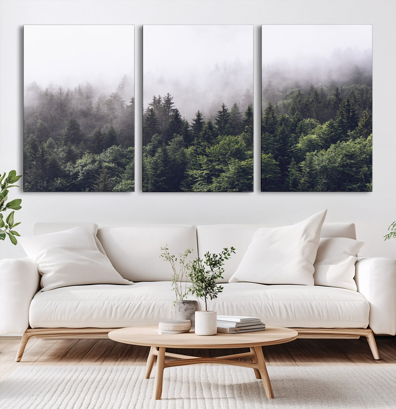 Canvas of dense misty forest in dark green tones, ideal for moody forest or atmospheric woodland-themed home decor.