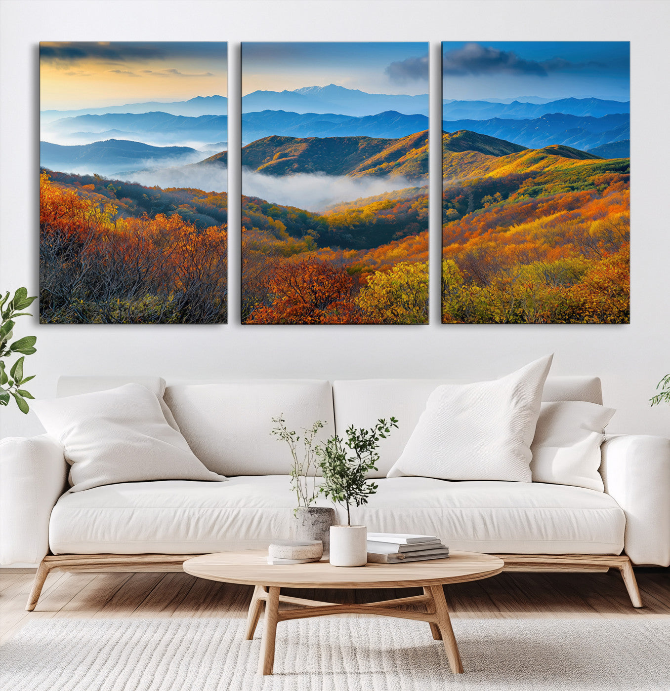 86772247-MGV-CV-60X30-3P-Autumn Mountains Wall Art Canvas Print, Autumn Mountain Foggy Landscape Wall Art Canvas Print, Beautiful Forest Canvas Print