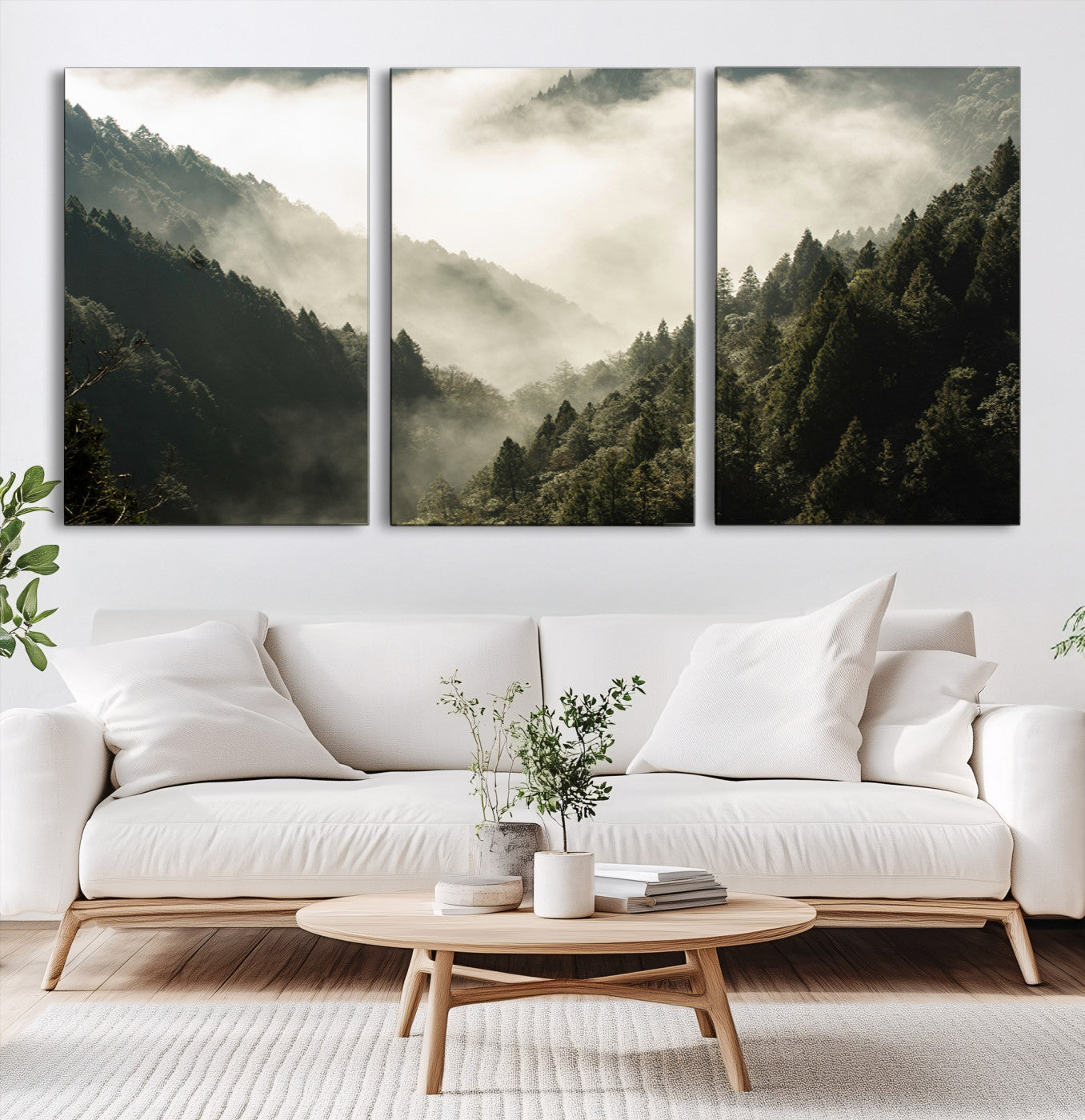 Canvas showing a misty pine forest valley with layered green hills and soft fog, perfect for moody or nature-themed decor styles.