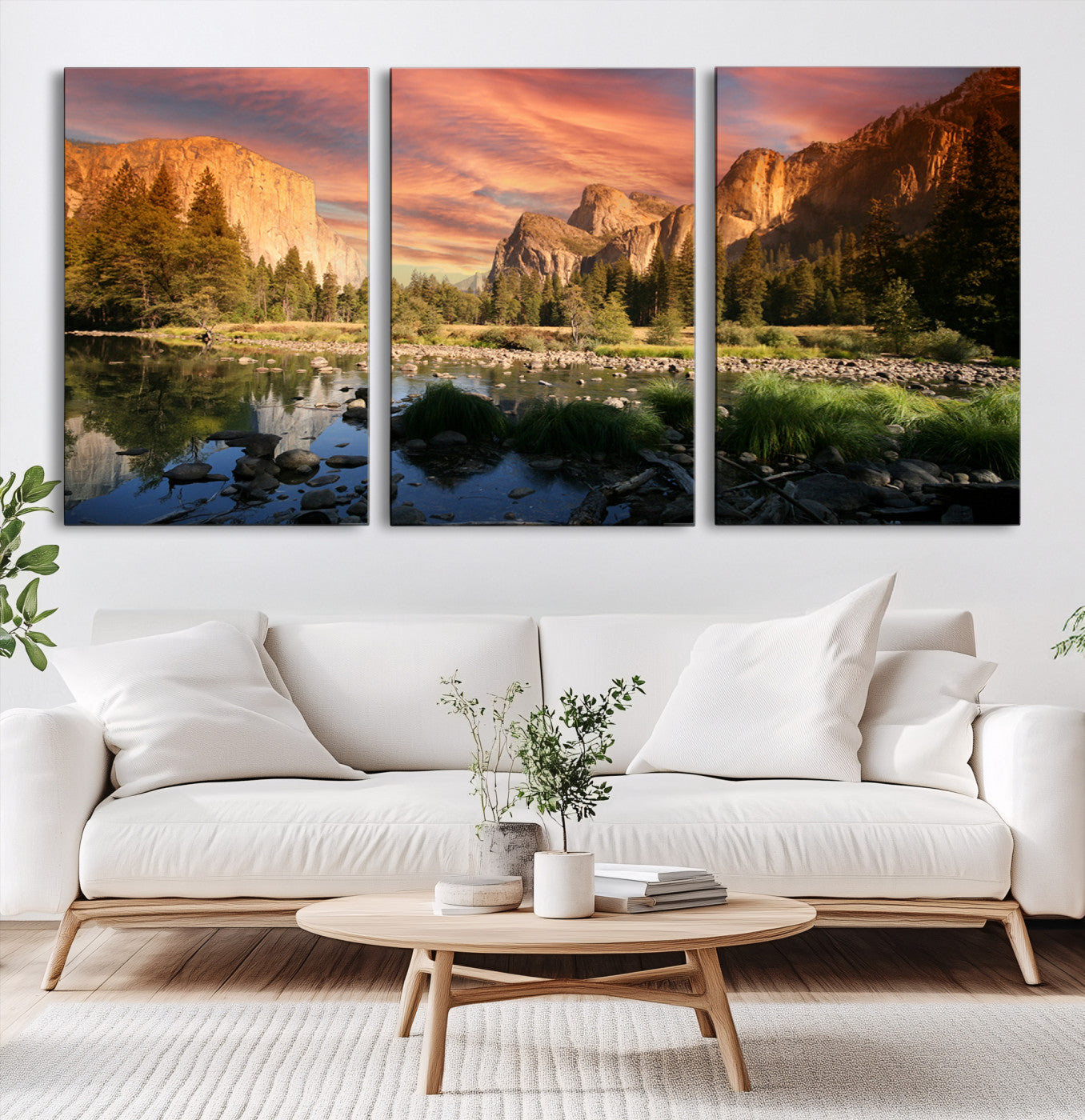 Canvas of Yosemite Valley with El Capitan and sunset sky, featuring vibrant tones ideal for rustic or nature-inspired home decor.