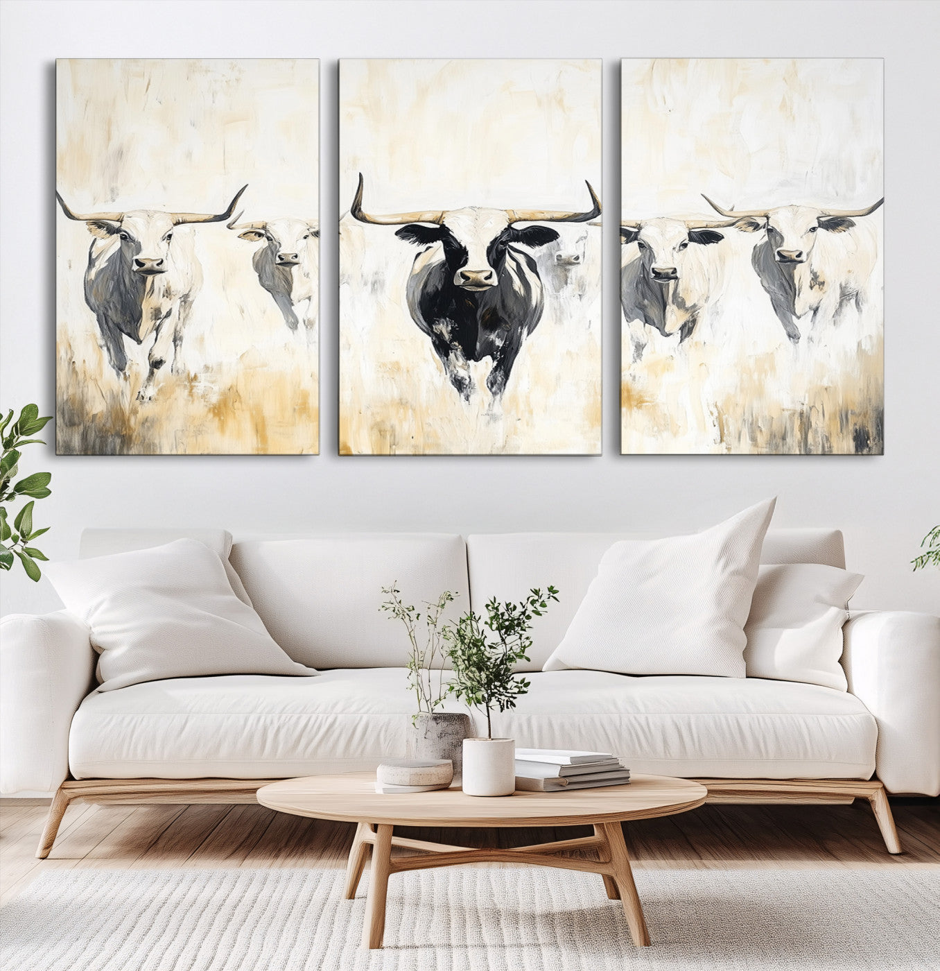 40397799-MGV-CV-60X30-3P-Texas Longhorn Wall Art Canvas Print – Rustic Western Bull Herd Neutral Tones Country Ranch Artwork for Home Office
