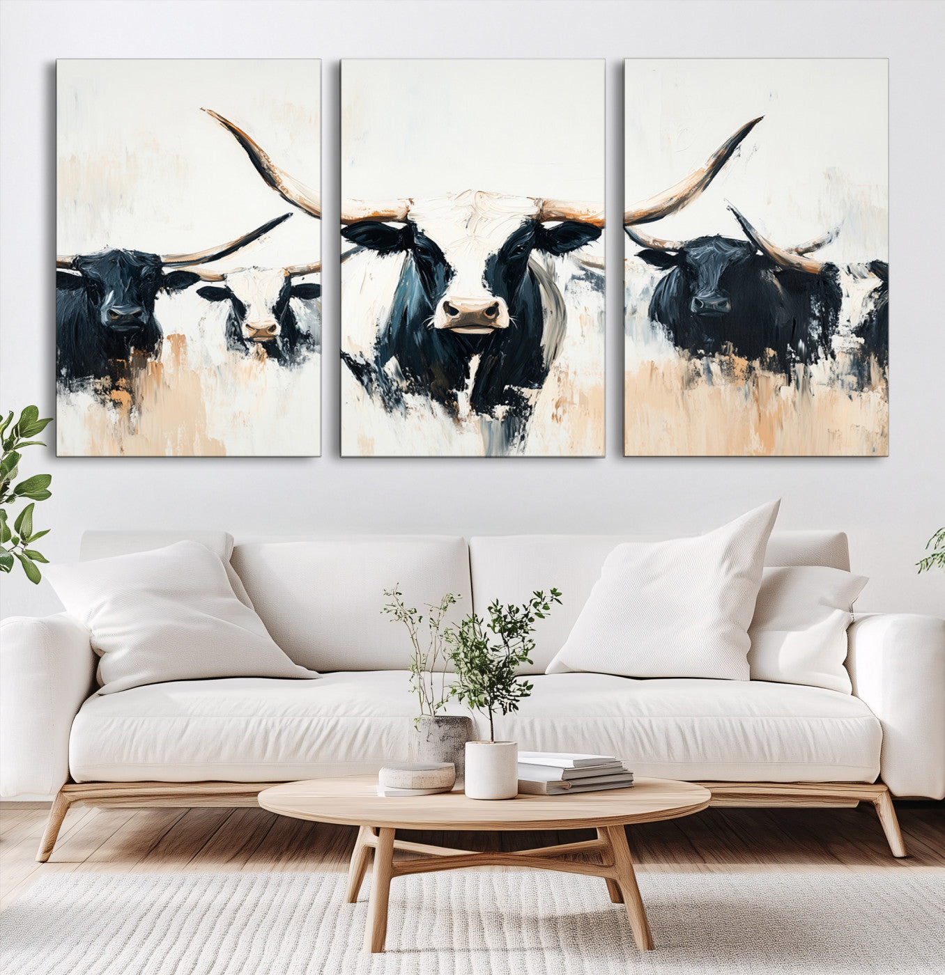 94780606-MGV-CV-60X30-3P-Texas Longhorn Wall Art Canvas Print – Majestic Horned Bull Western Cattle Rustic Ranch Artwork for Home Office