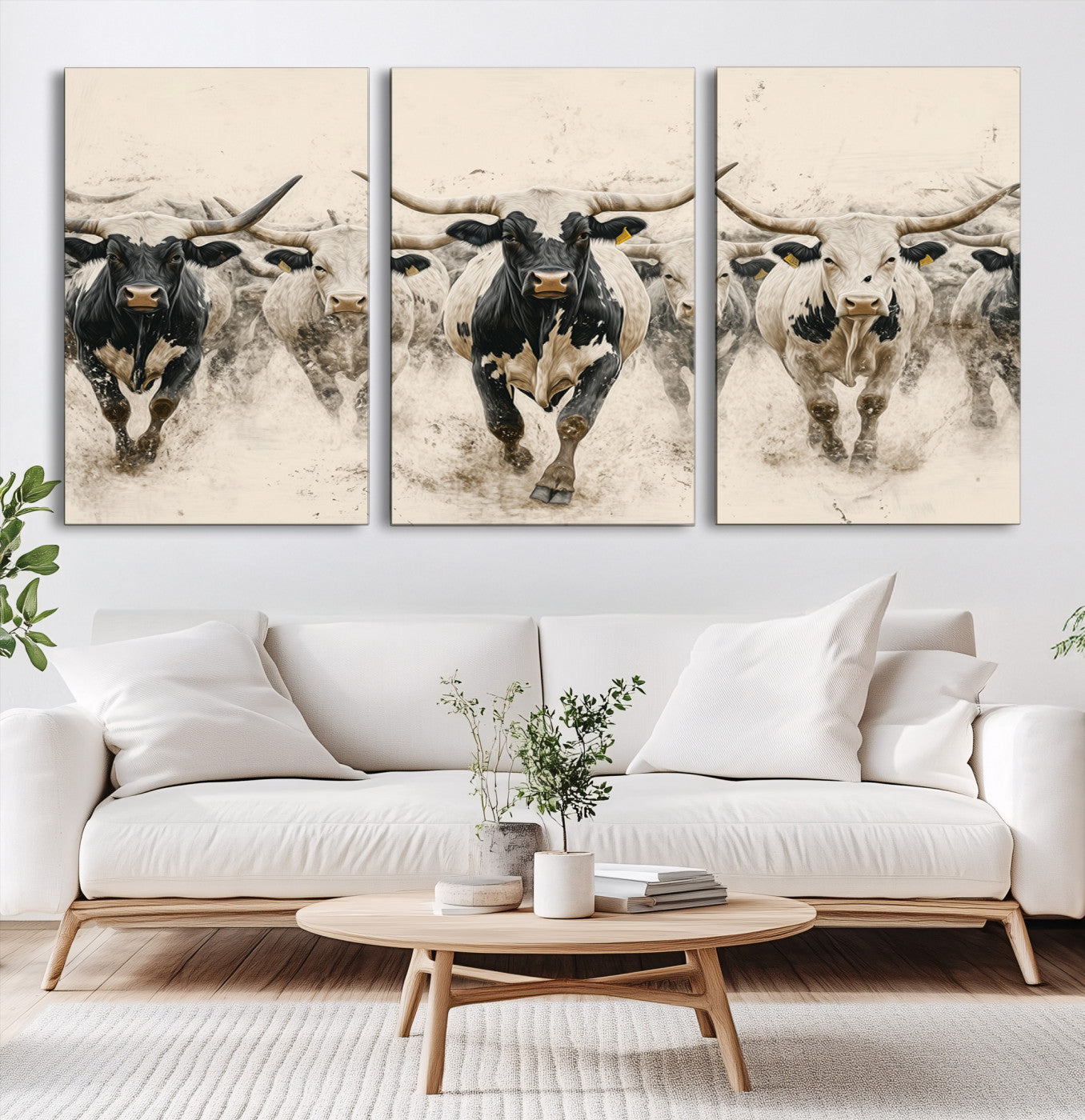 Canvas artwork of Texas Longhorn bulls walking in a dusty herd, ideal for rustic Western or country-style interior decor.