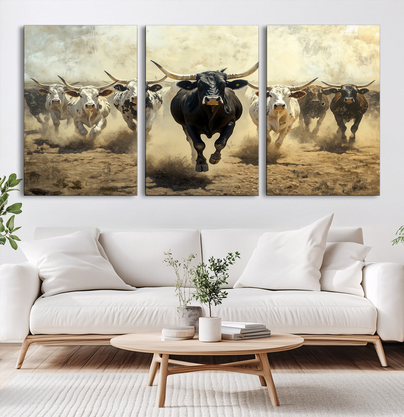 Dynamic canvas showing a Texas Longhorn stampede with earthy tones and bold movement, perfect for rustic or Western-style interiors.