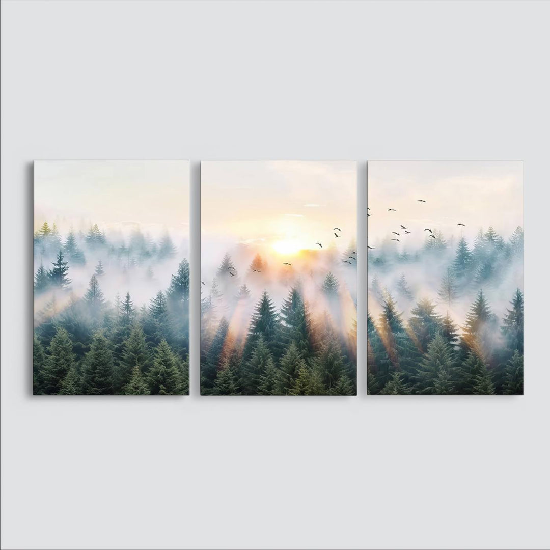 Misty Pine Forest Wall Art: A depiction of sunrise over foggy trees and birds against a bright sky; a framed woodland scene ideal for home or office decor.