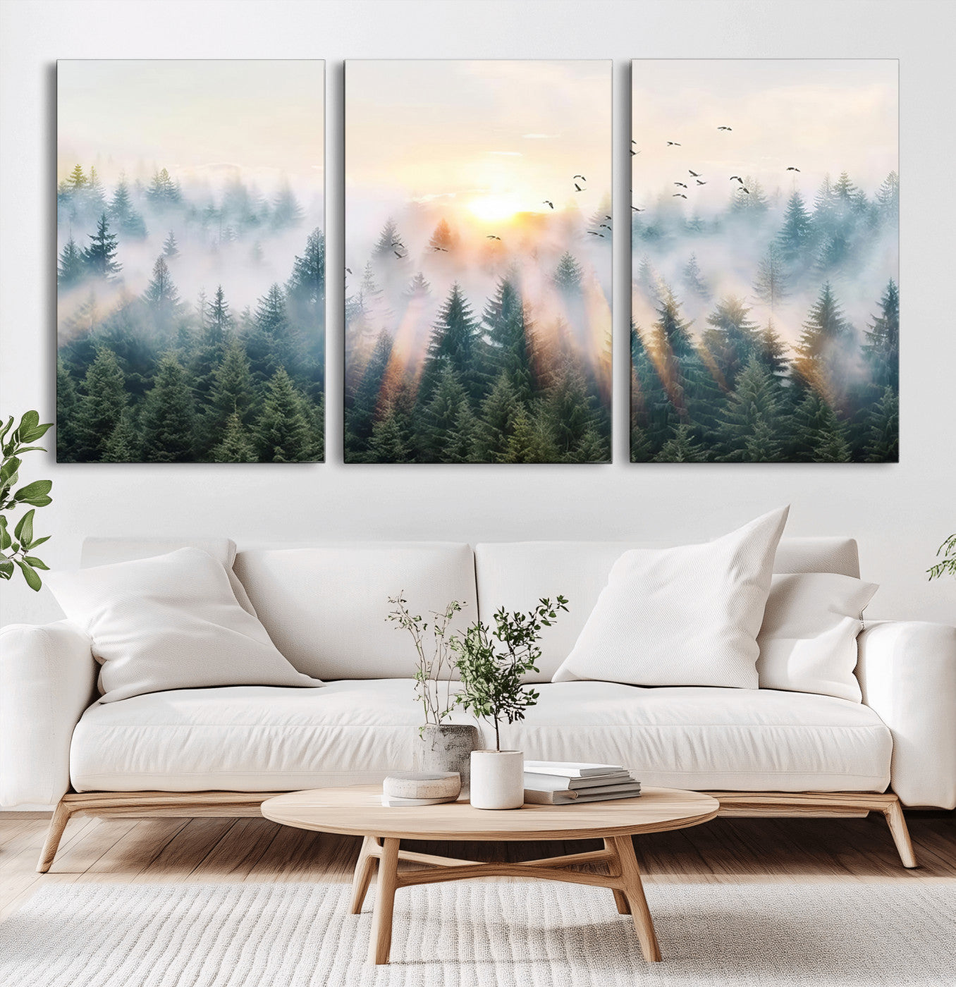 MGV-CV-60X30-3P - Misty Pine Forest Wall Art Canvas, Sunrise Over Foggy Trees Canvas for Home - Office, Framed