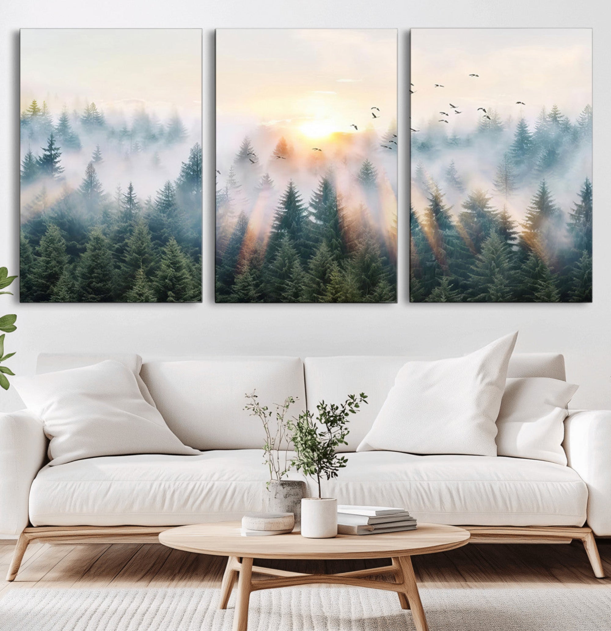 92718976-MGV-CV-36X24-Misty Pine Forest Wall Art Canvas, Sunrise Over Foggy Trees Canvas for Home - Office, Framed