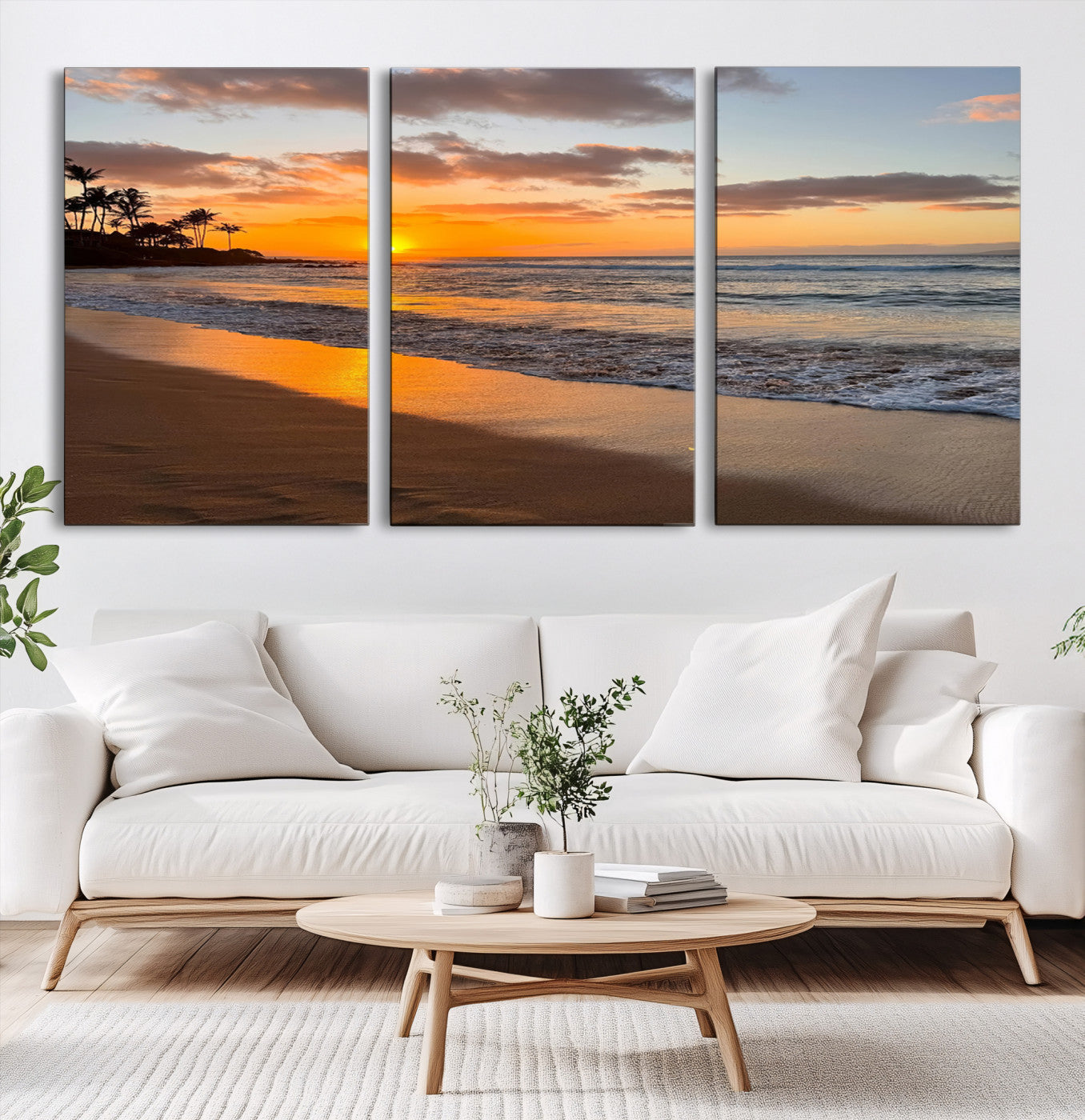Canvas of a tropical beach at sunset with golden reflections and palm trees, perfect for vibrant coastal or island-style decor.