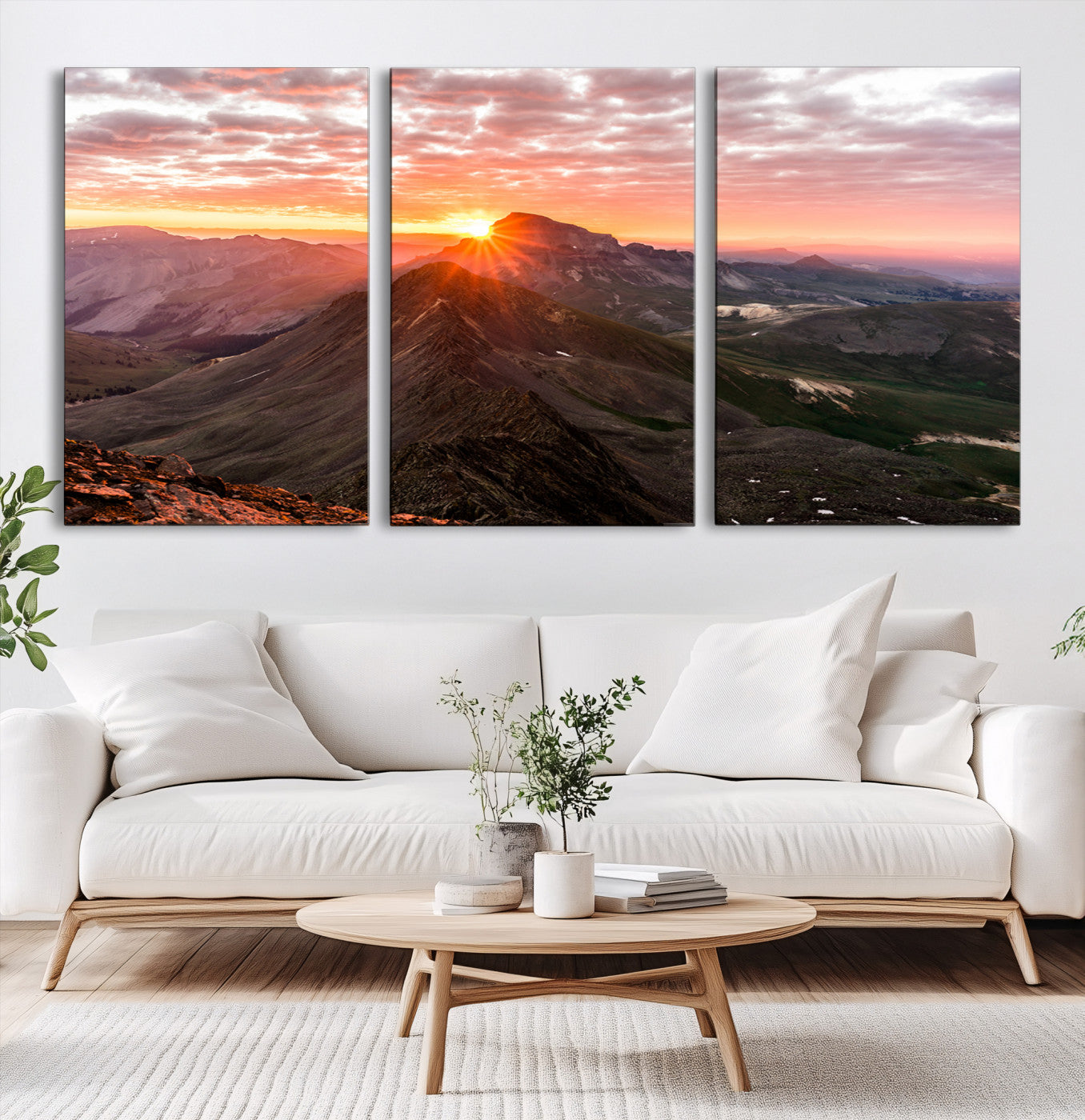 50957419-MGV-CV-60X30-3P-Mountain Sunrise Wall Art Canvas Print – Alpine Ridge Morning Light Misty Peaks Nature Landscape Artwork for Home Office