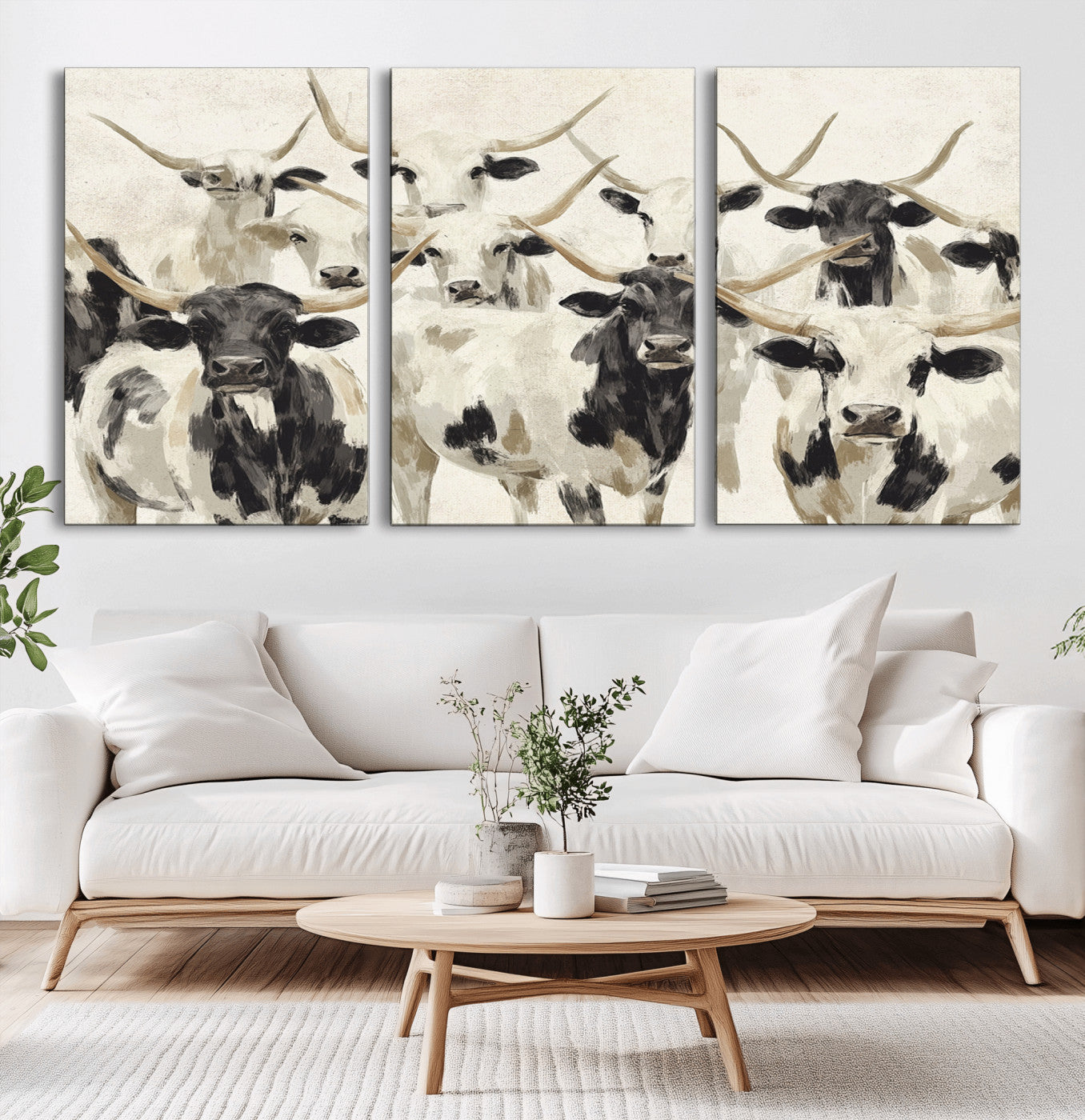 MGV-CV-60X30-3P - Longhorn Texas Cow Drawing Abstract Wall Art Canvas Print for Farmhouse Decor, Texas Bull Printing